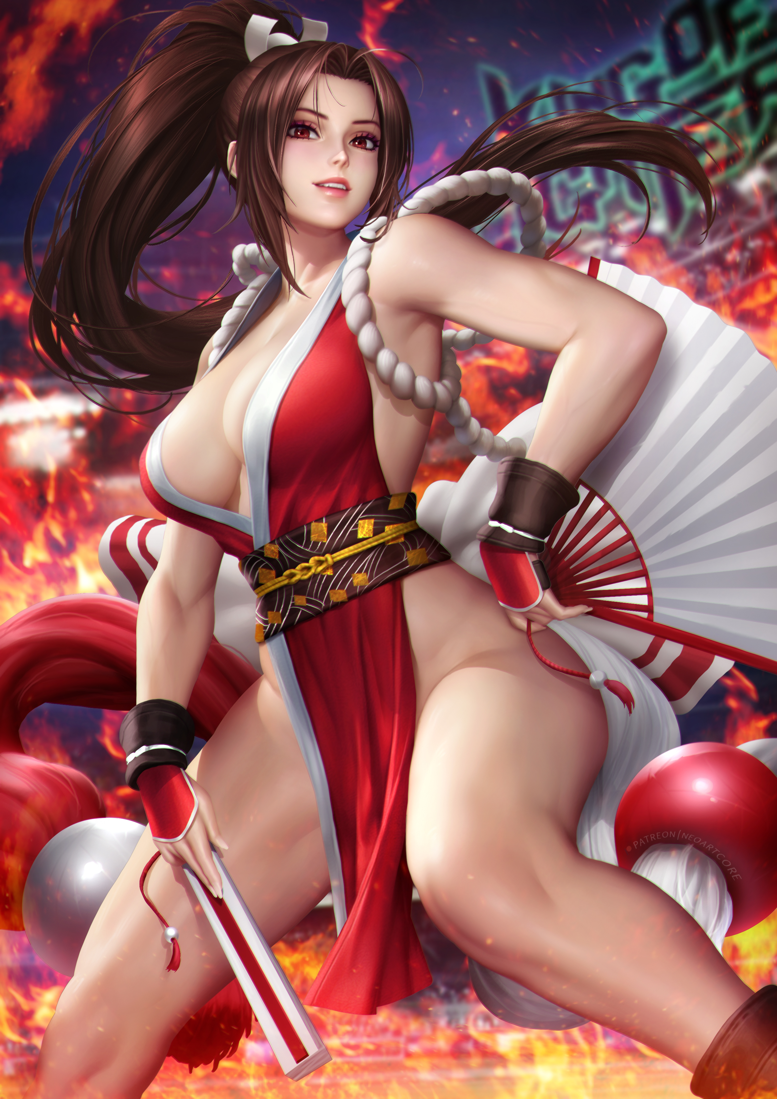 General 2480x3508 Mai Shiranui King of Fighters SNK video games video game characters brunette long hair red eyes low-angle Kunoichi fans thighs curvy portrait display artwork drawing digital art illustration fan art NeoArtCorE (artist)