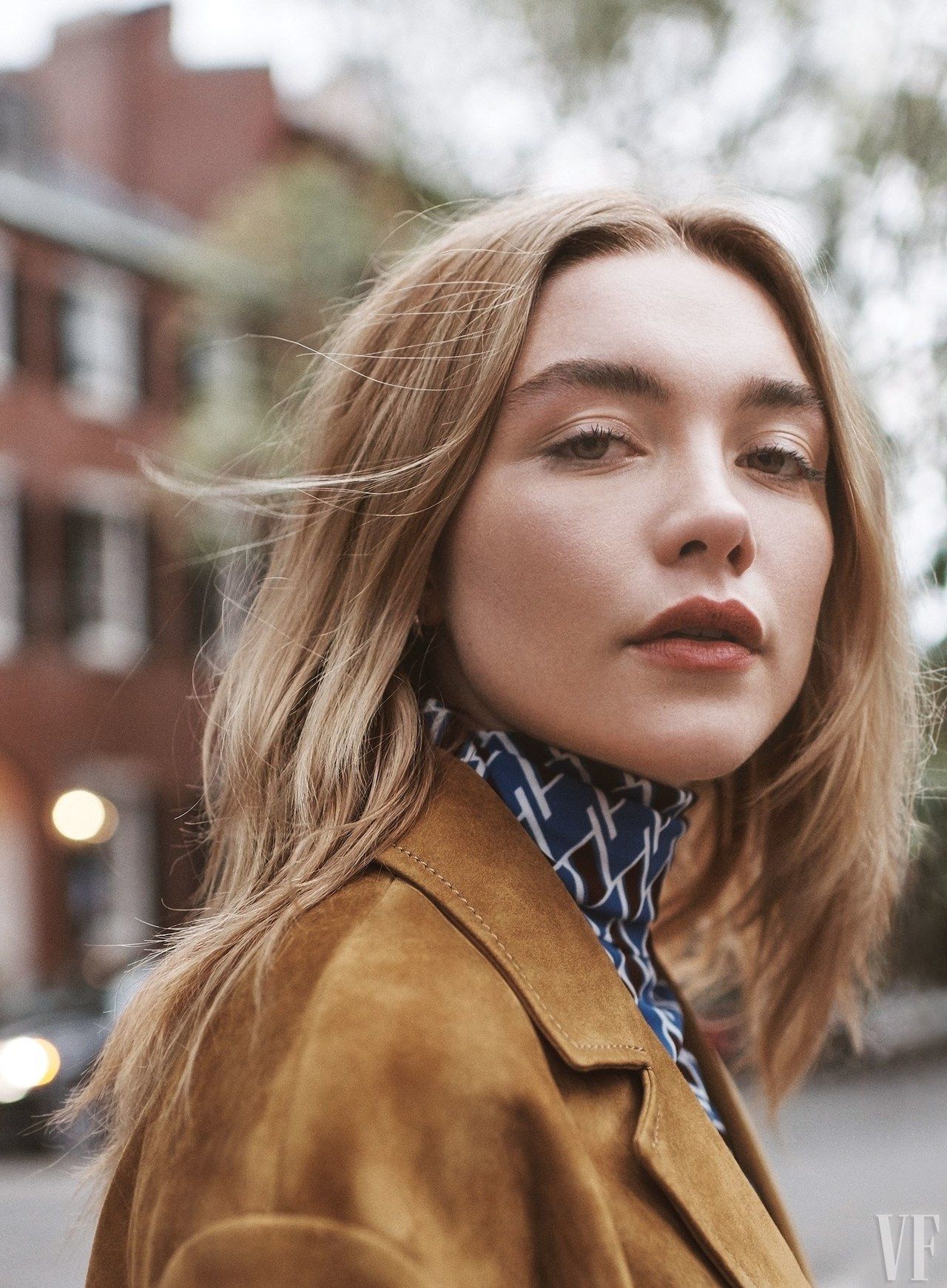 People 1280x1740 Florence Pugh women actress green eyes lipstick face street depth of field long hair watermarked parted lips portrait display blonde