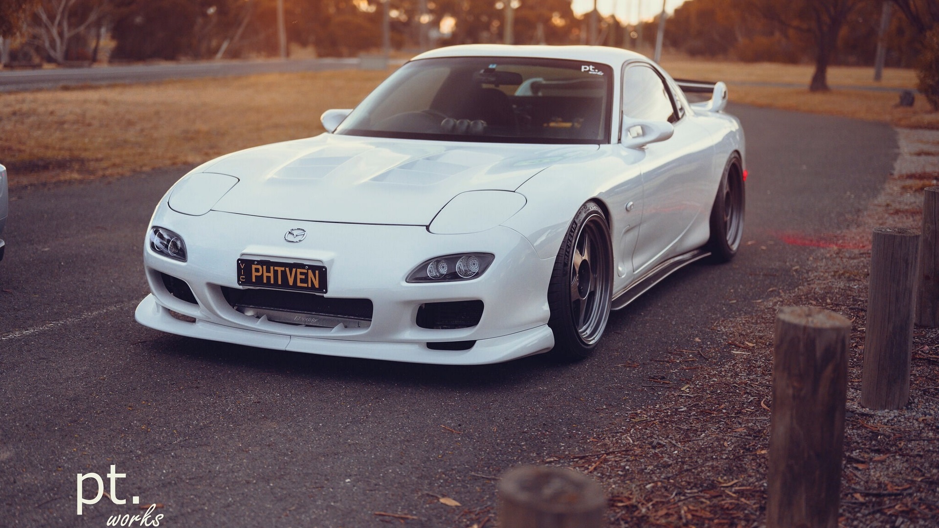 General 1920x1080 Mazda RX-7 Mazda Japanese cars white cars sports car road car vehicle pop-up headlights outdoors PT works