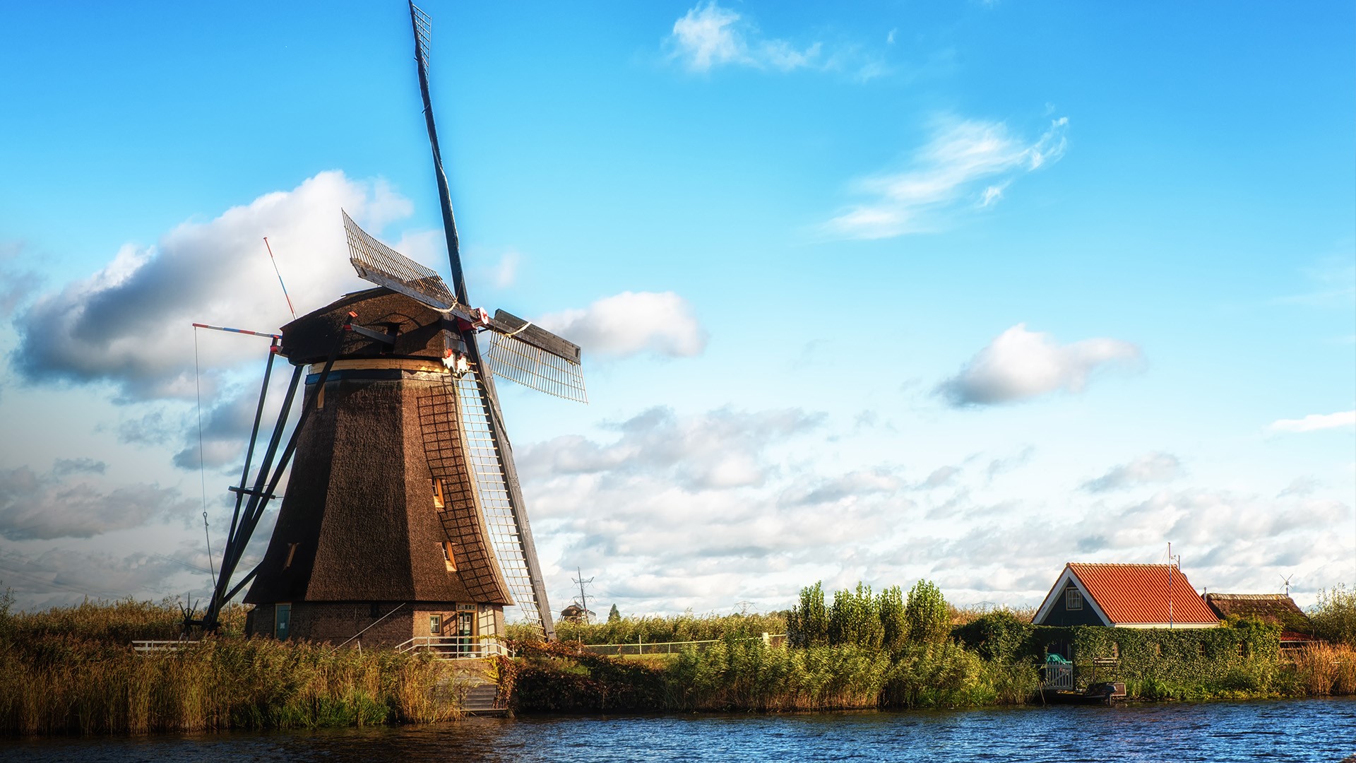 General 1920x1080 grass nature landscape clouds sky house village plants Dutch windmill Netherlands