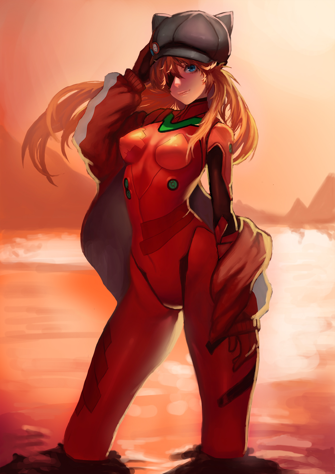 Anime 1280x1811 Neon Genesis Evangelion anime girls small boobs long hair redhead thigh-highs plugsuit red jackets looking at viewer Asuka Langley Soryu fan art 2D portrait display blue eyes sea eyepatches bodysuit