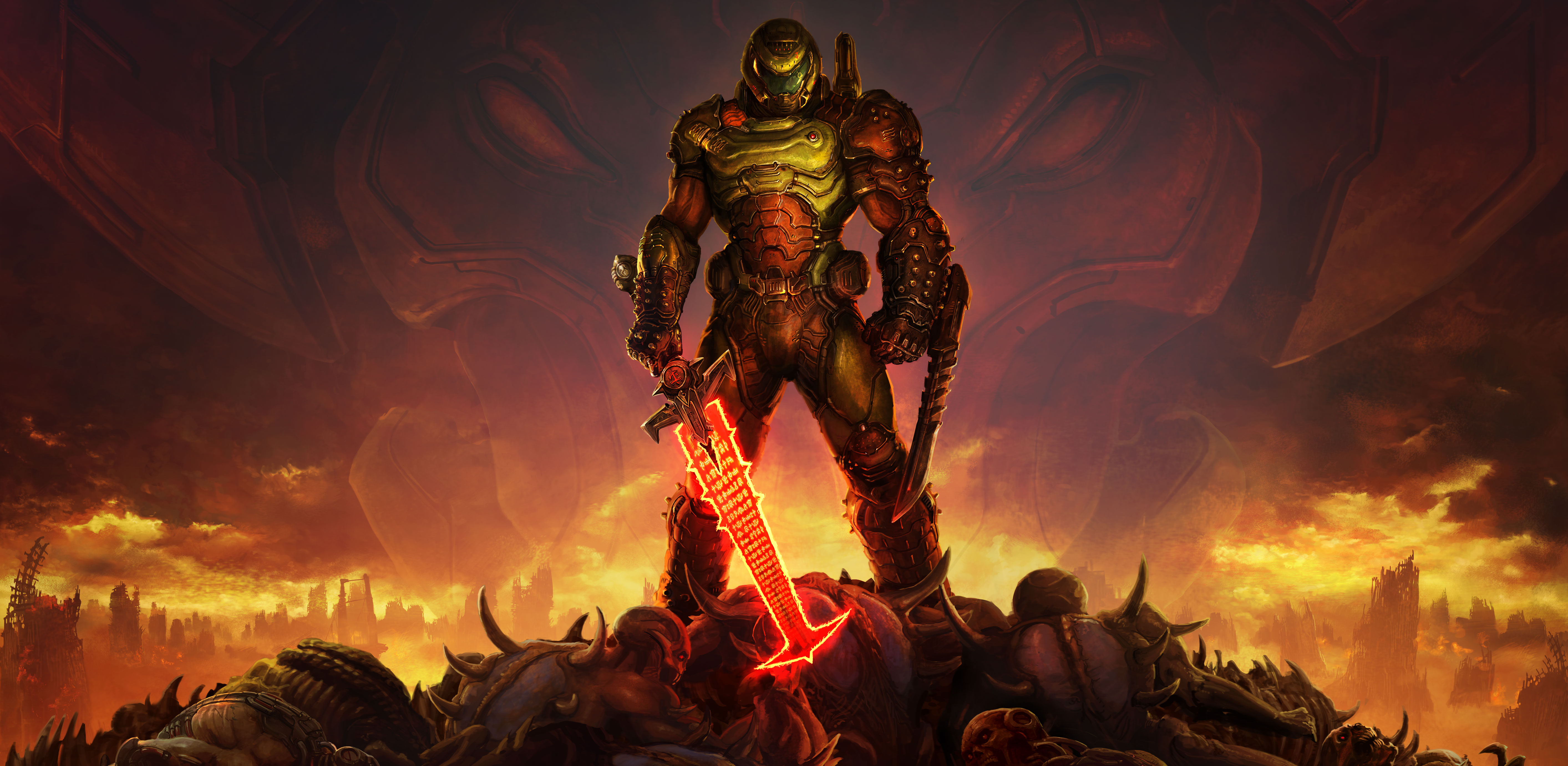 General 5654x2763 DOOM Eternal Doom Slayers Club video game art video games Doom (game) armor sword apocalyptic