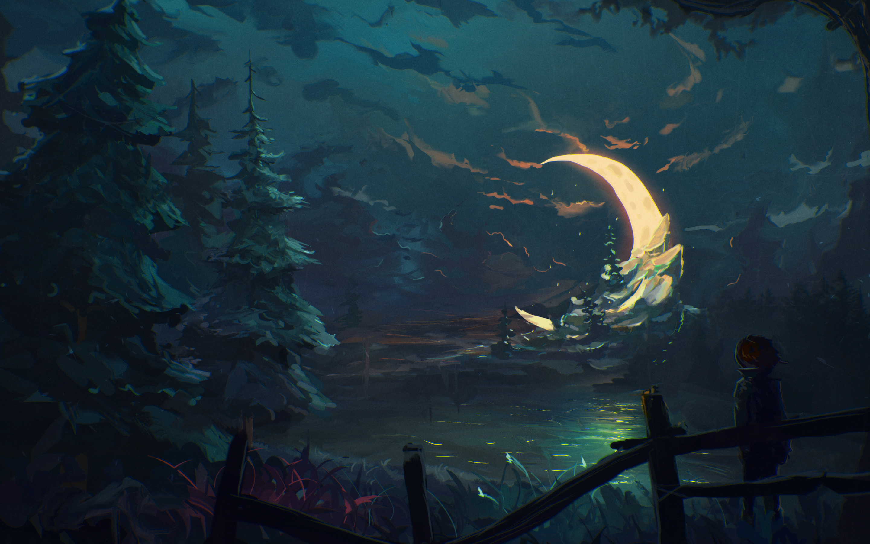 General 2880x1800 Moon nature trees forest water spruce Sylar113 crescent moon fence DeviantArt digital art low light