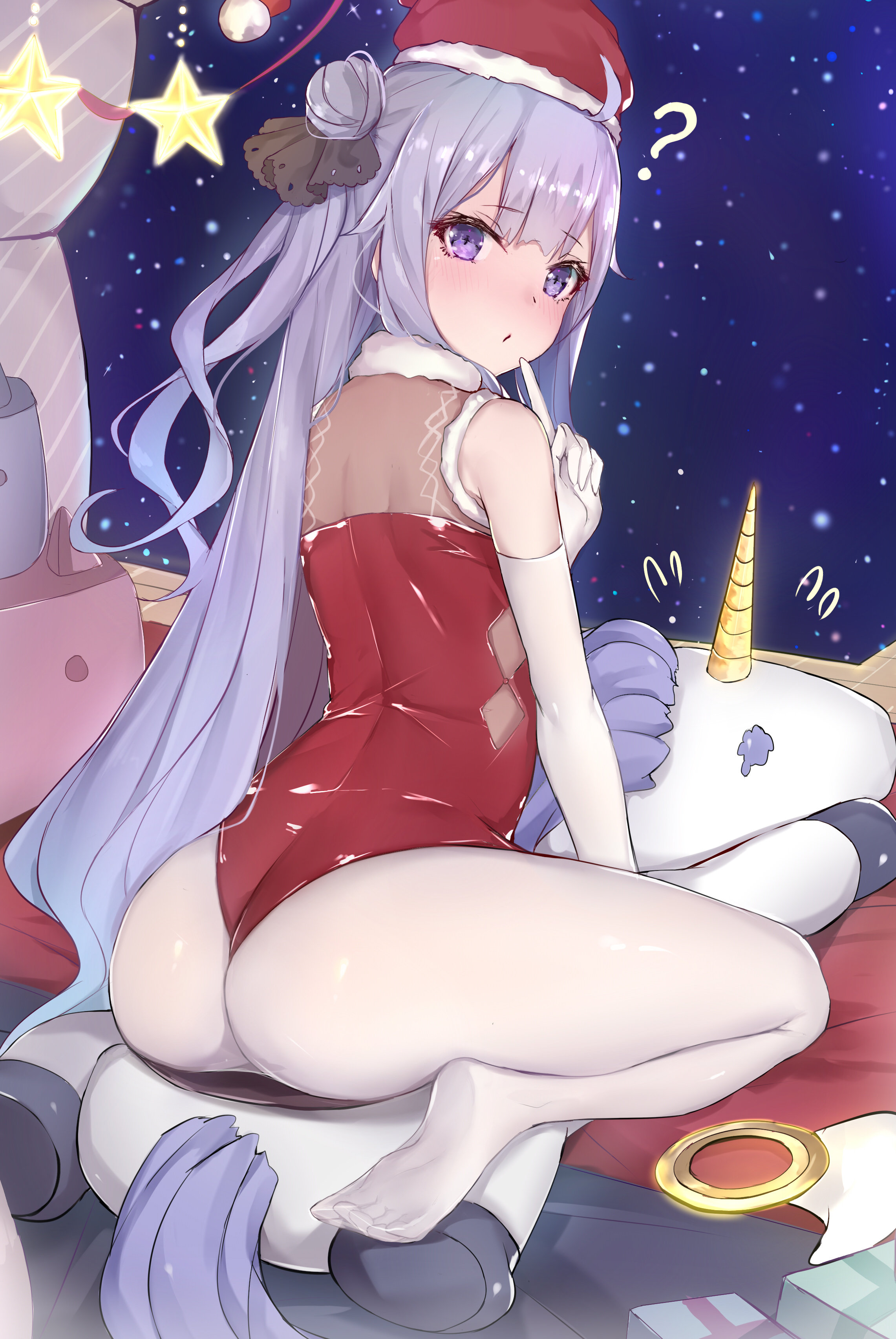 Anime 2282x3409 anime anime girls digital art artwork 2D portrait display pantyhose kneeling ass Santa girl Santa hats long hair purple hair purple eyes blushing sherryQQ Azur Lane Unicorn (Azur Lane)