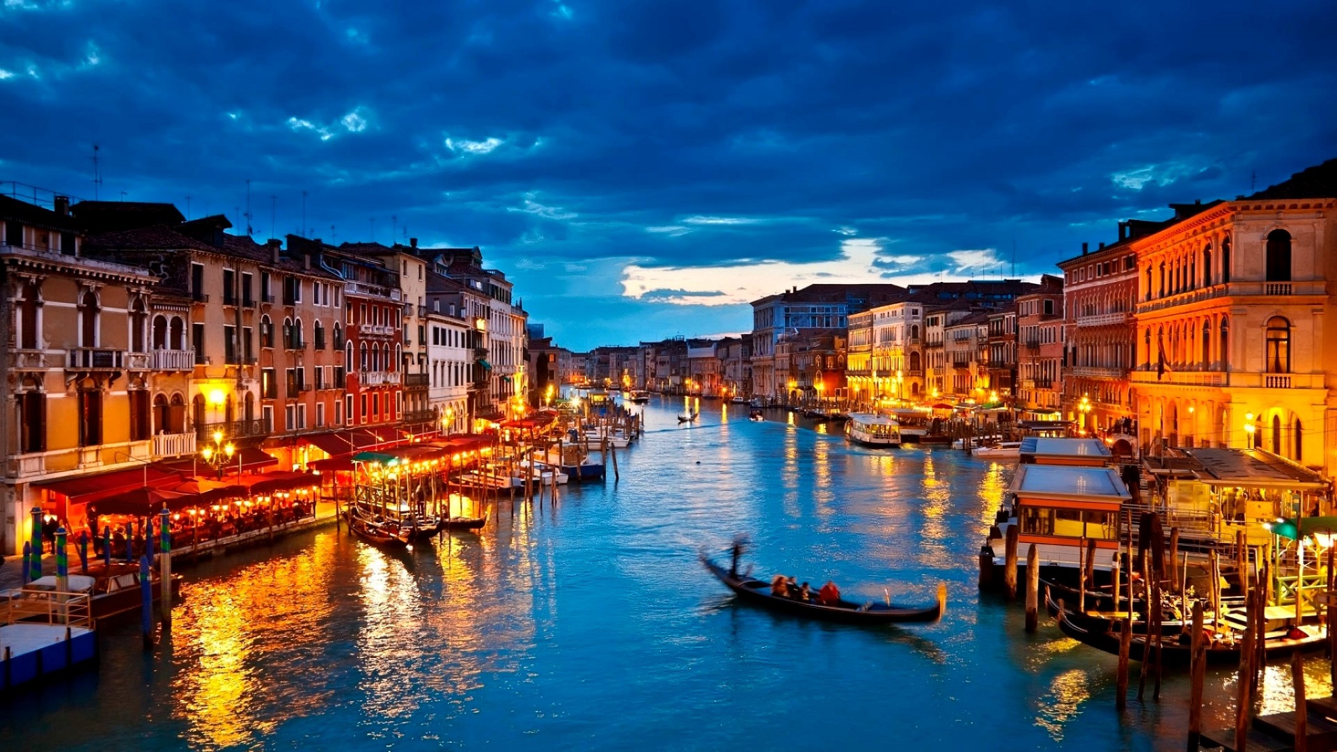 General 1920x1080 Venice Italy city night city lights gondolas water river building Grand Canal clouds