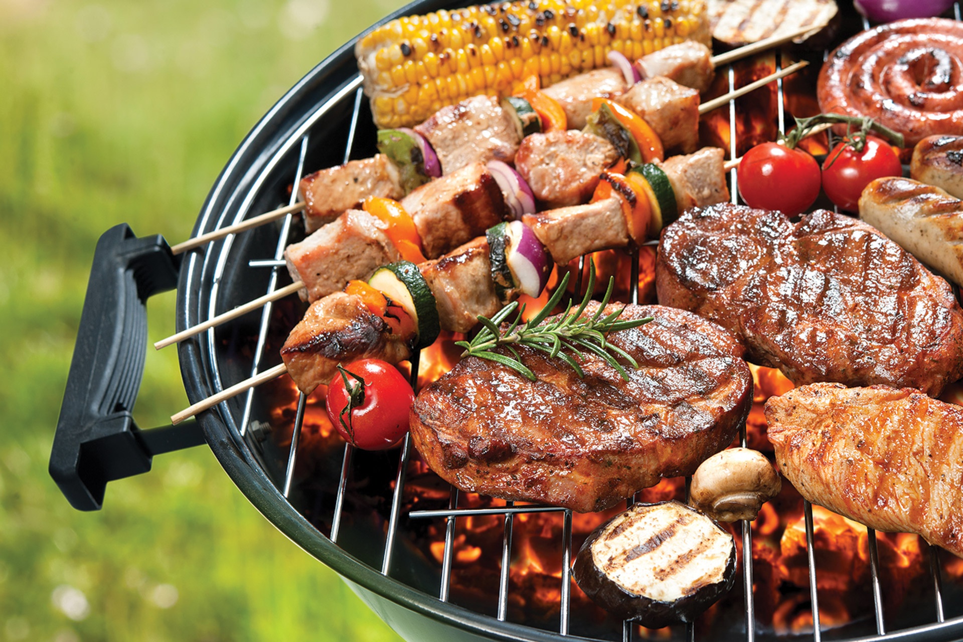 General 1920x1280 meat vegetables barbecue grill corn cooking steak tomatoes mushroom sausage rosemary red onion bell peppers food zucchini (vegetable) beef