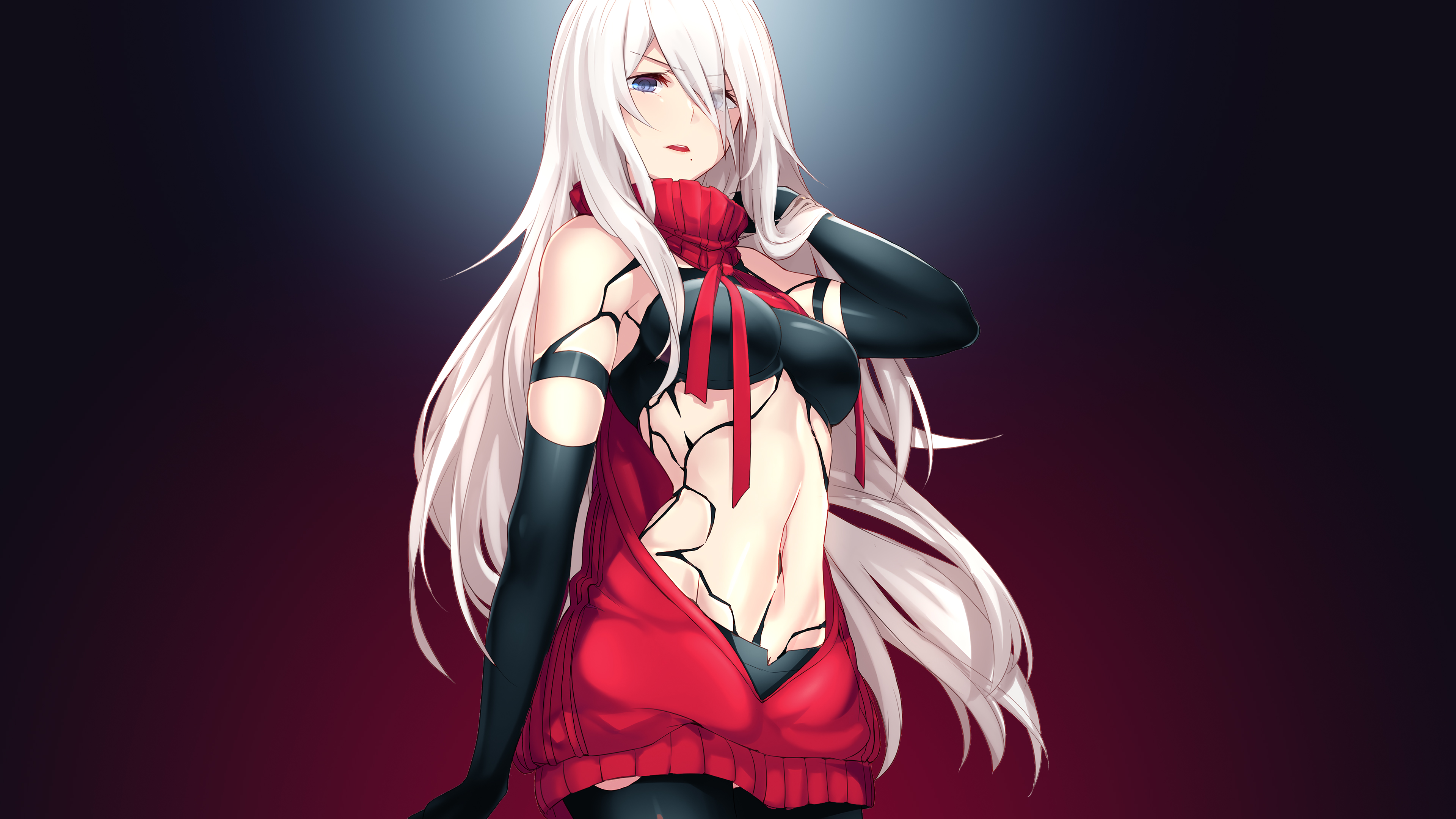 Anime 3840x2160 Nier: Automata A2 (Nier: Automata) white hair gloves human android blue eyes standing long hair moles open mouth belly hands in hair Virgin Killer Sweater