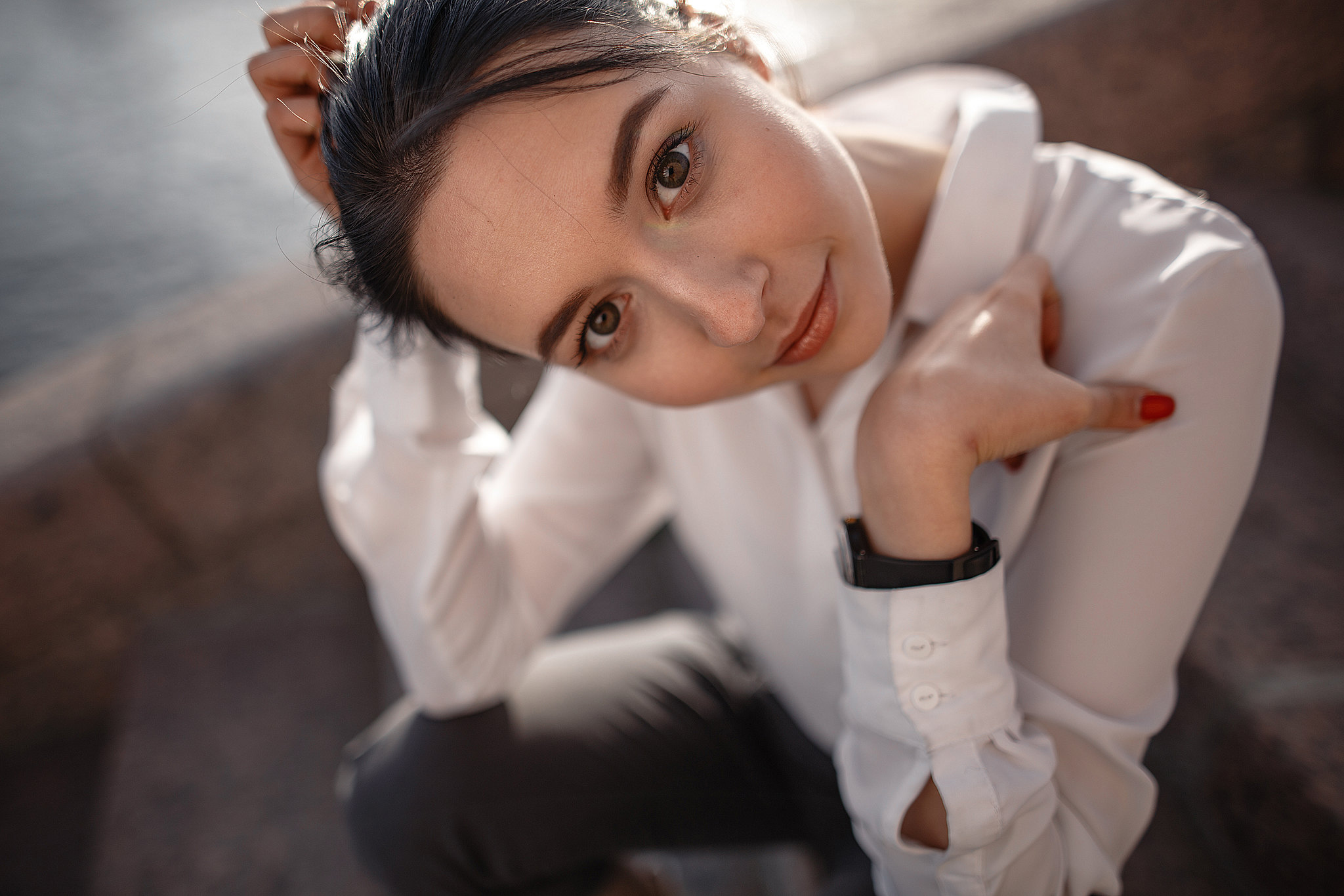 People 2048x1366 women portrait model brunette brown eyes red lipstick hands in hair looking at viewer sitting white shirt red nails depth of field shirt watch dark hair painted nails touching hair high angle Vlad Beznosov closeup