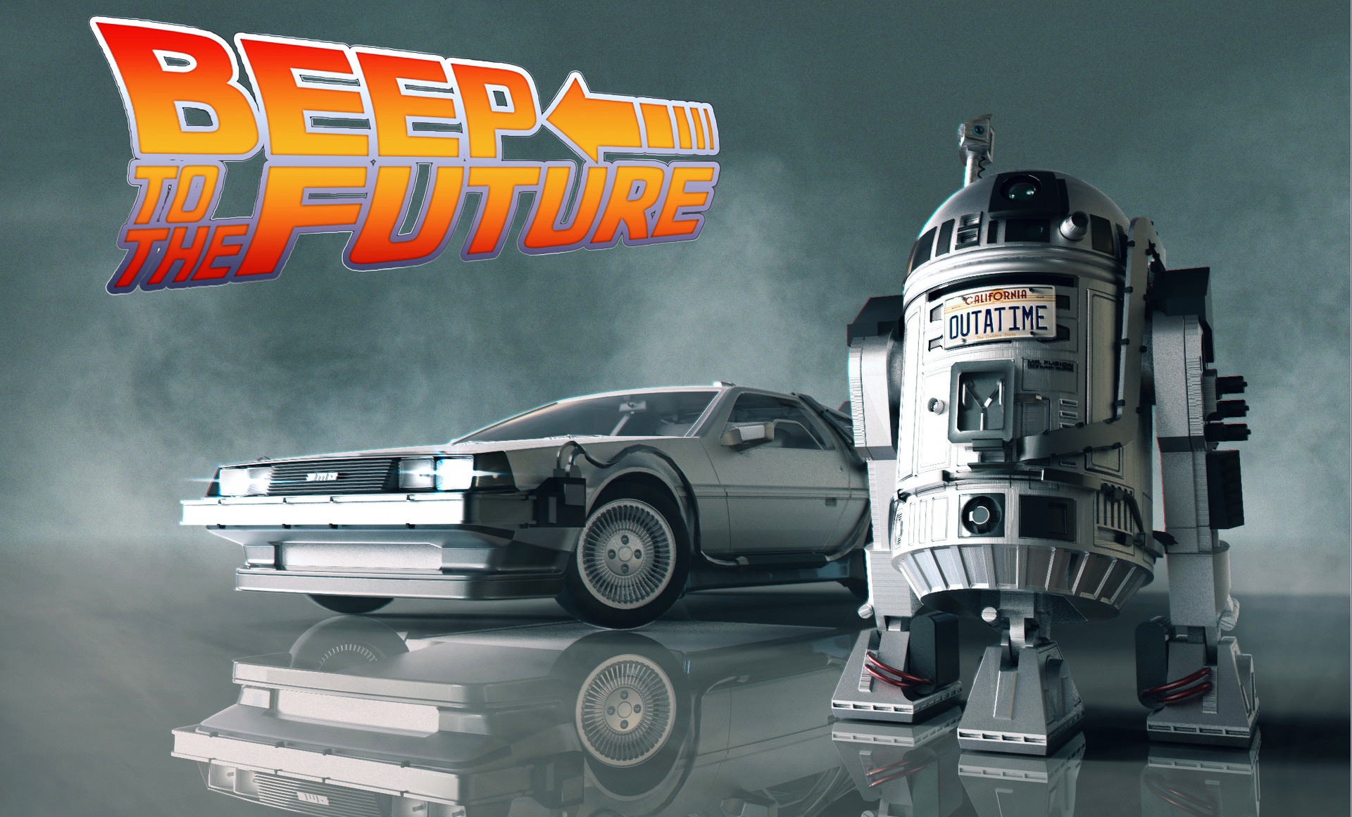 General 1920x1160 Star Wars Back to the Future R2-D2 Star Wars Droids Time Machine science fiction humor reflection car vehicle crossover silver cars Star Wars Humor movies