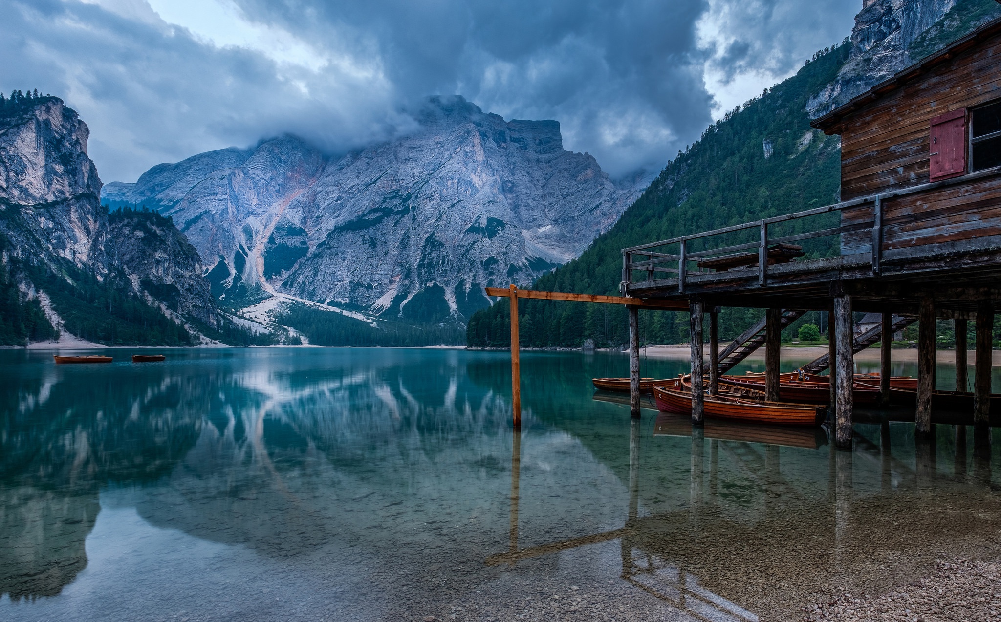 General 2048x1273 mountains reflection nature water lake boat Pragser Wildsee stairs wood trees clouds overcast