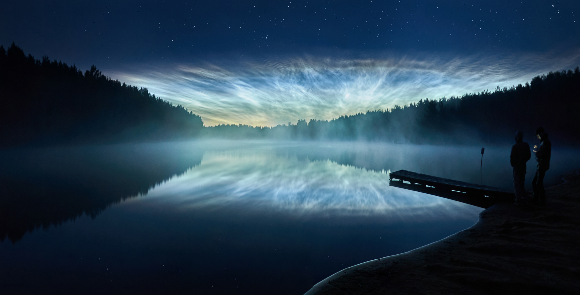 General 2000x1019 nature landscape water night stars lake pier trees forest reflection Russia blue men low light