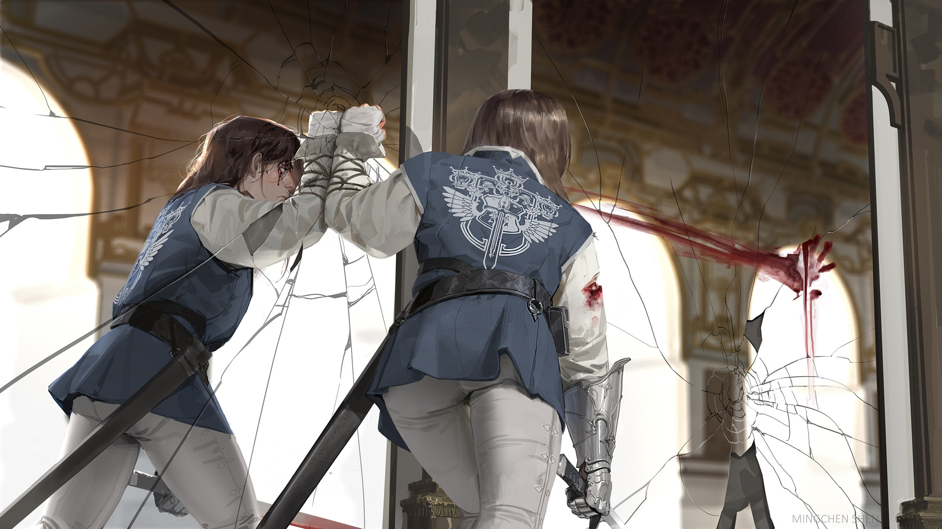 General 1920x1080 mirror palace blood reflection sword gauntlets fantasy art women cracked