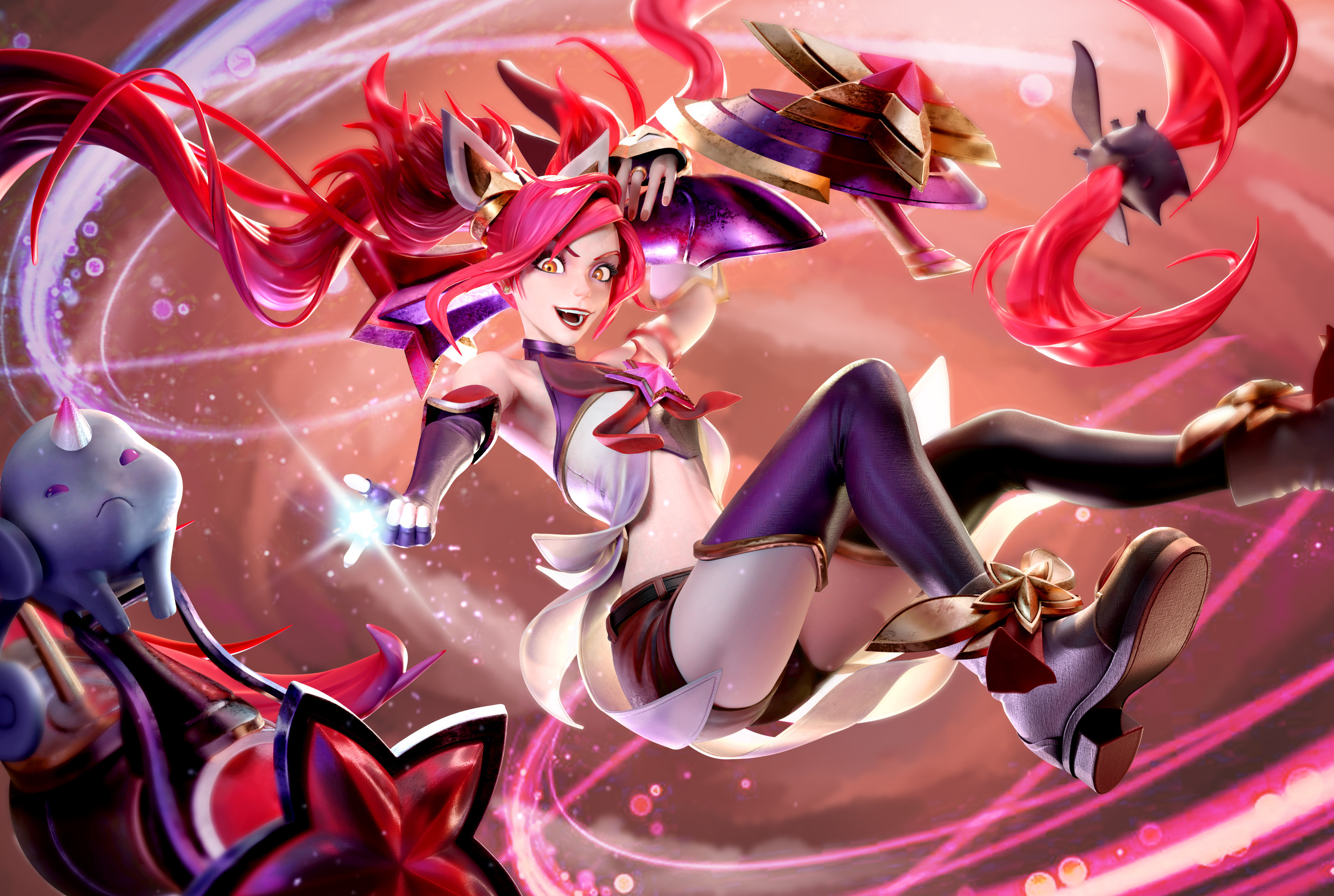 General 2926x1965 drawing League of Legends women Jinx (League of Legends) redhead twintails long hair boots shorts thigh-highs fighting spell red Cifangyi