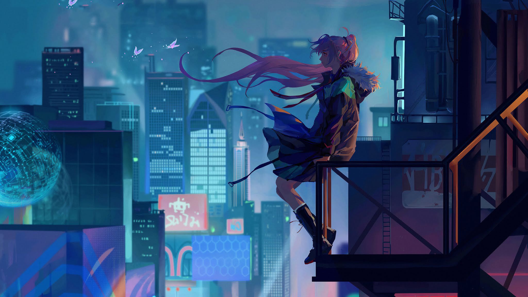 Anime 2048x1152 anime anime girls night futuristic city blue cyan