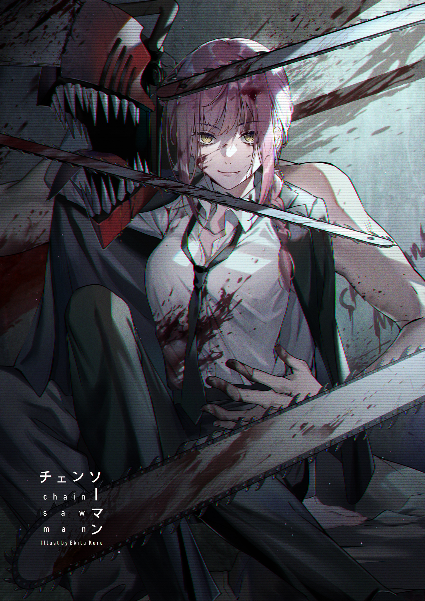 Anime 1488x2105 Chainsaw Man anime girls anime Makima (Chainsaw Man) Denji (Chainsaw Man) blood chainsaws yellow eyes pink hair women tie looking at viewer