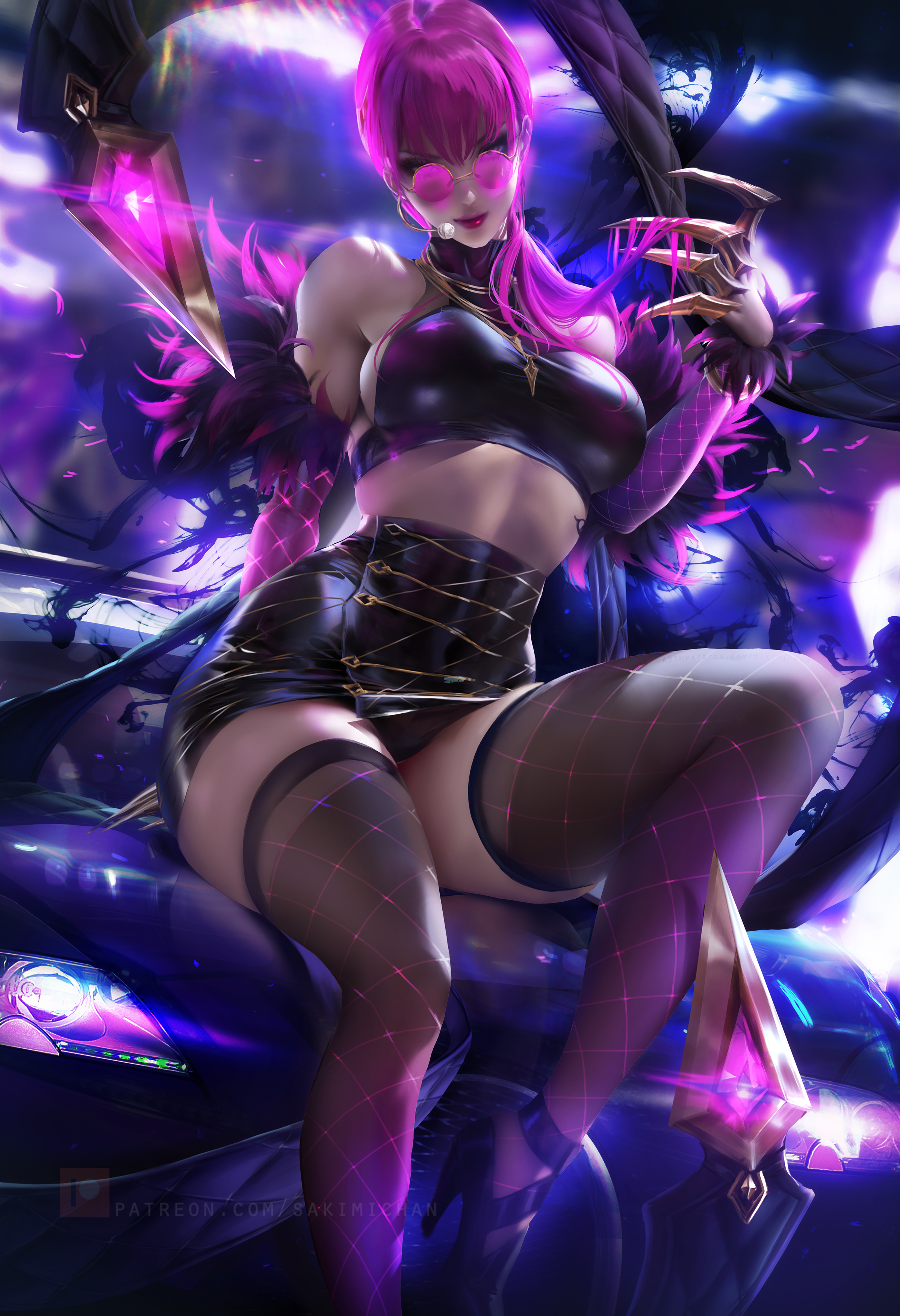 General 2395x3500 Evelynn (League of Legends) League of Legends K/DA video games video game characters video game girls portrait display purple hair bangs glowing women with shades black top miniskirt necklace thick thigh stockings black stockings high heels car women with cars looking at viewer artwork drawing digital art illustration fan art Sakimichan sideboob