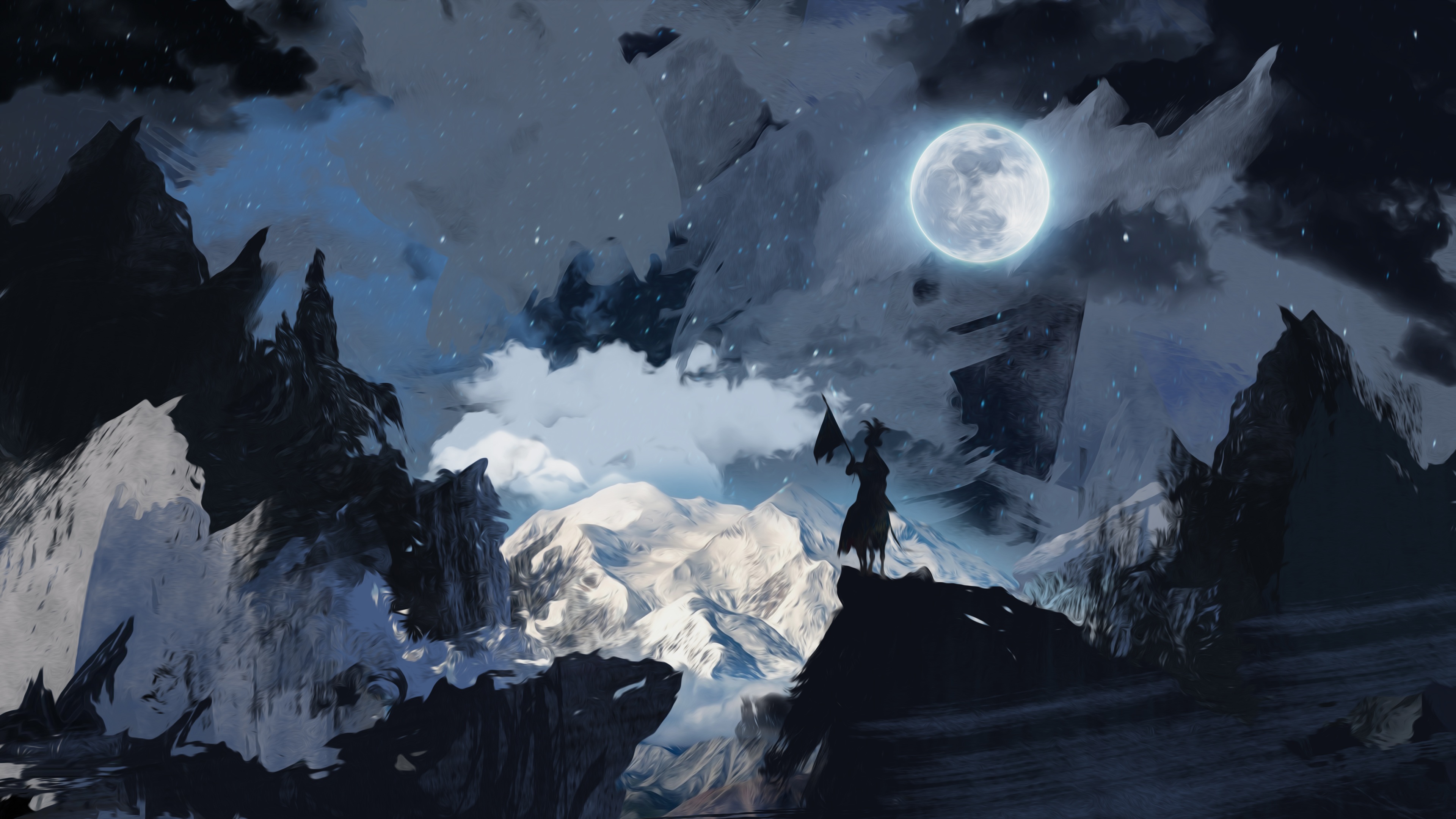 General 3840x2160 artwork painting mountains Moon snow oil painting clouds warrior digital art low light