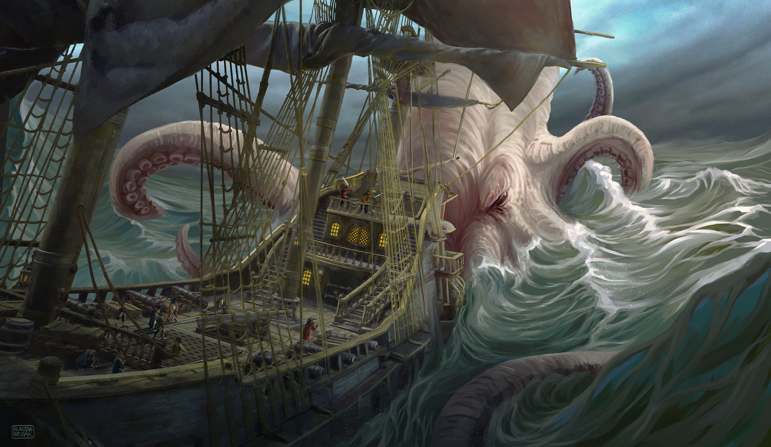 General 3000x1740 fantasy art Kraken ship tentacles