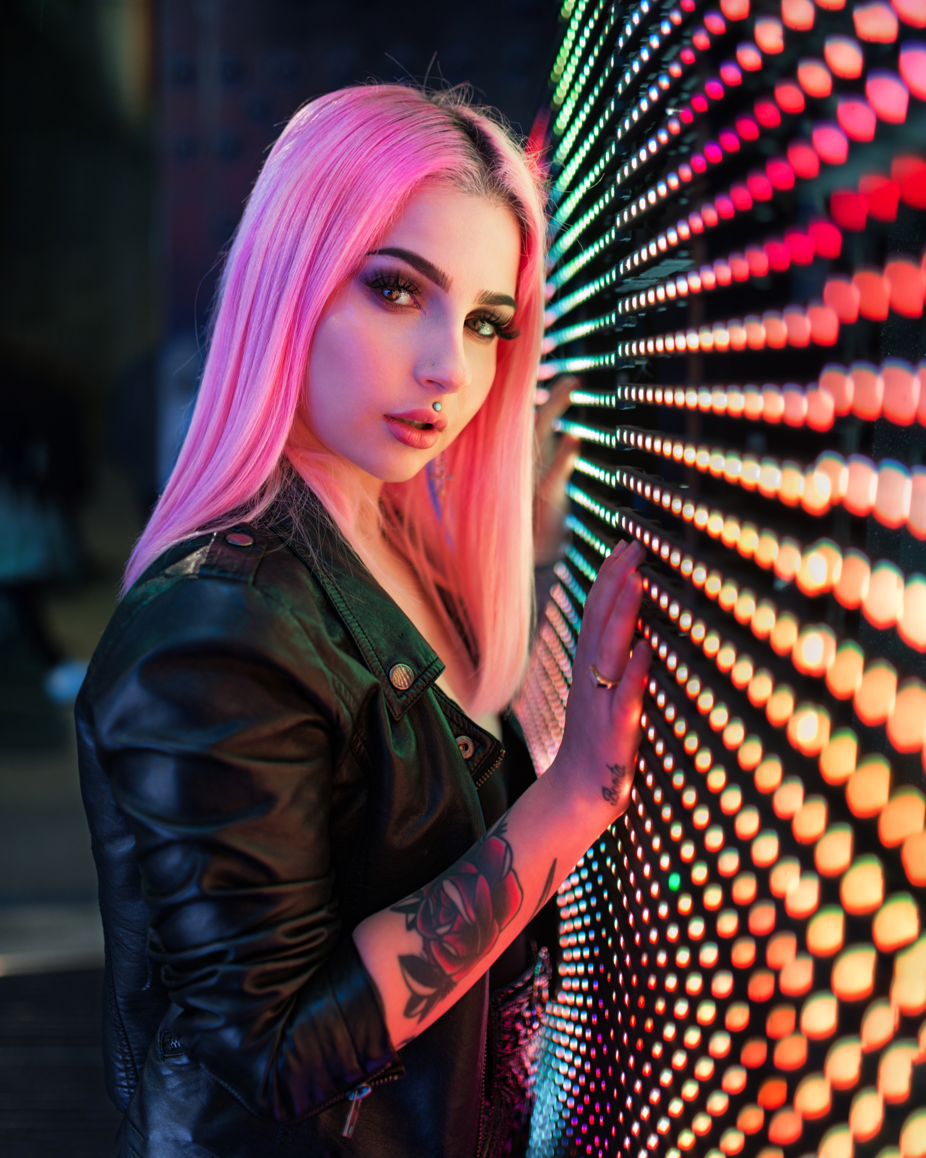 People 3072x3840 women model pink hair dyed hair straight hair looking at viewer brown eyes piercing parted lips tattoo Gustavo Terzaghi