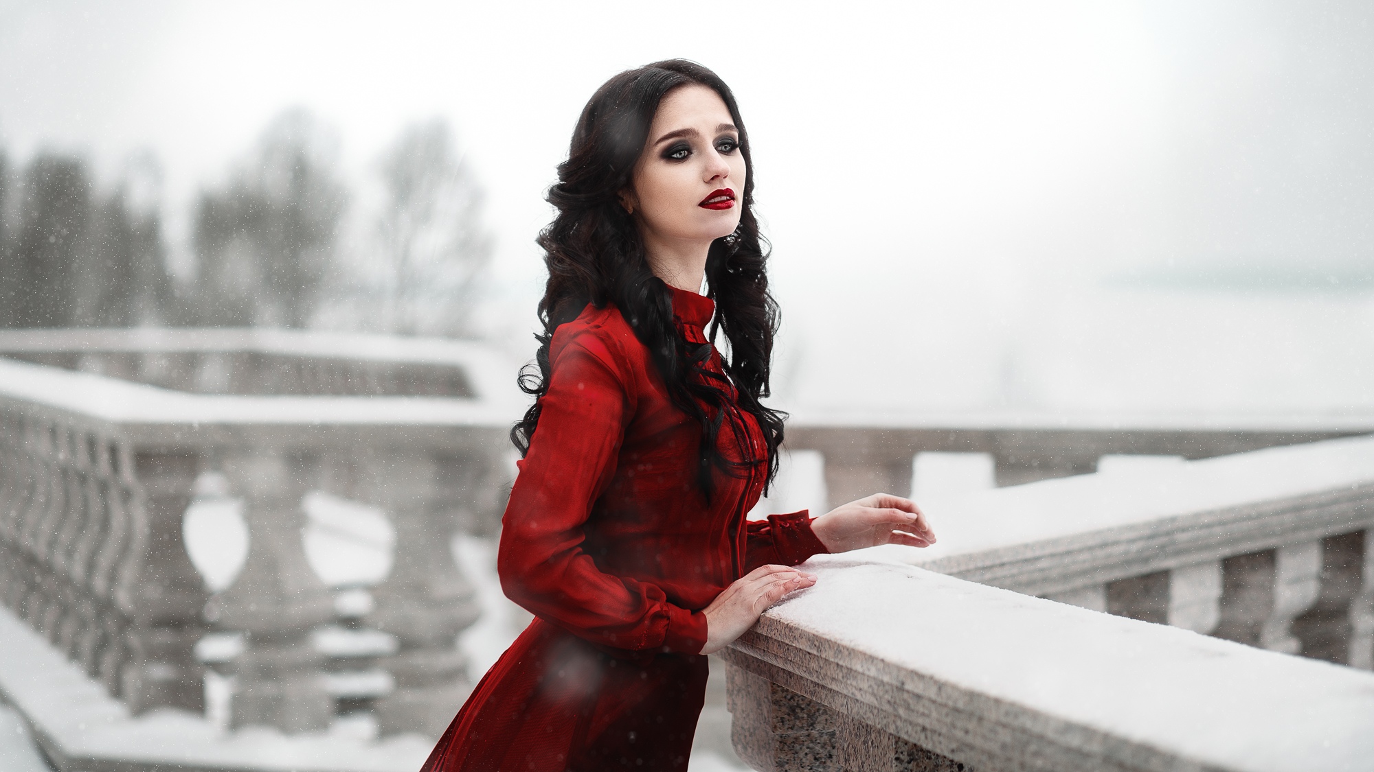 People 2000x1125 winter snow fantasy girl women women outdoors dress red dress dark hair red lipstick