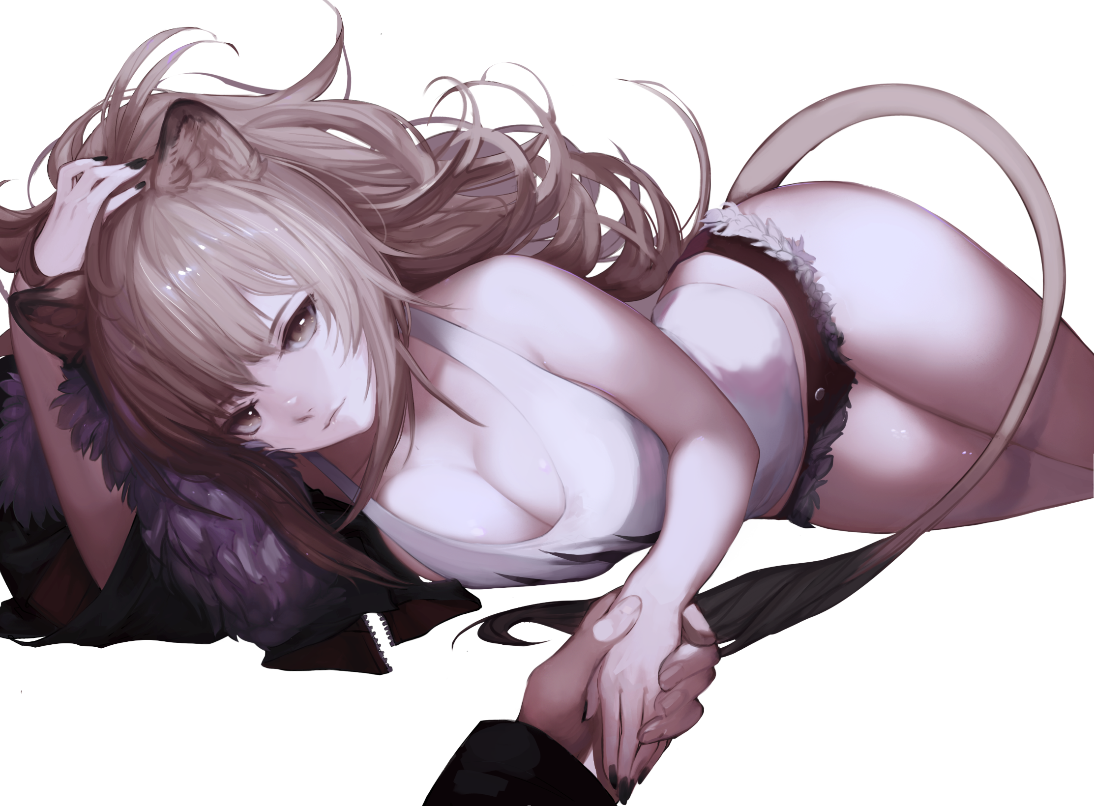 Anime 2225x1640 Siege(Arknights) animal ears blonde cat girl cleavage thighs anime Arknights POV
