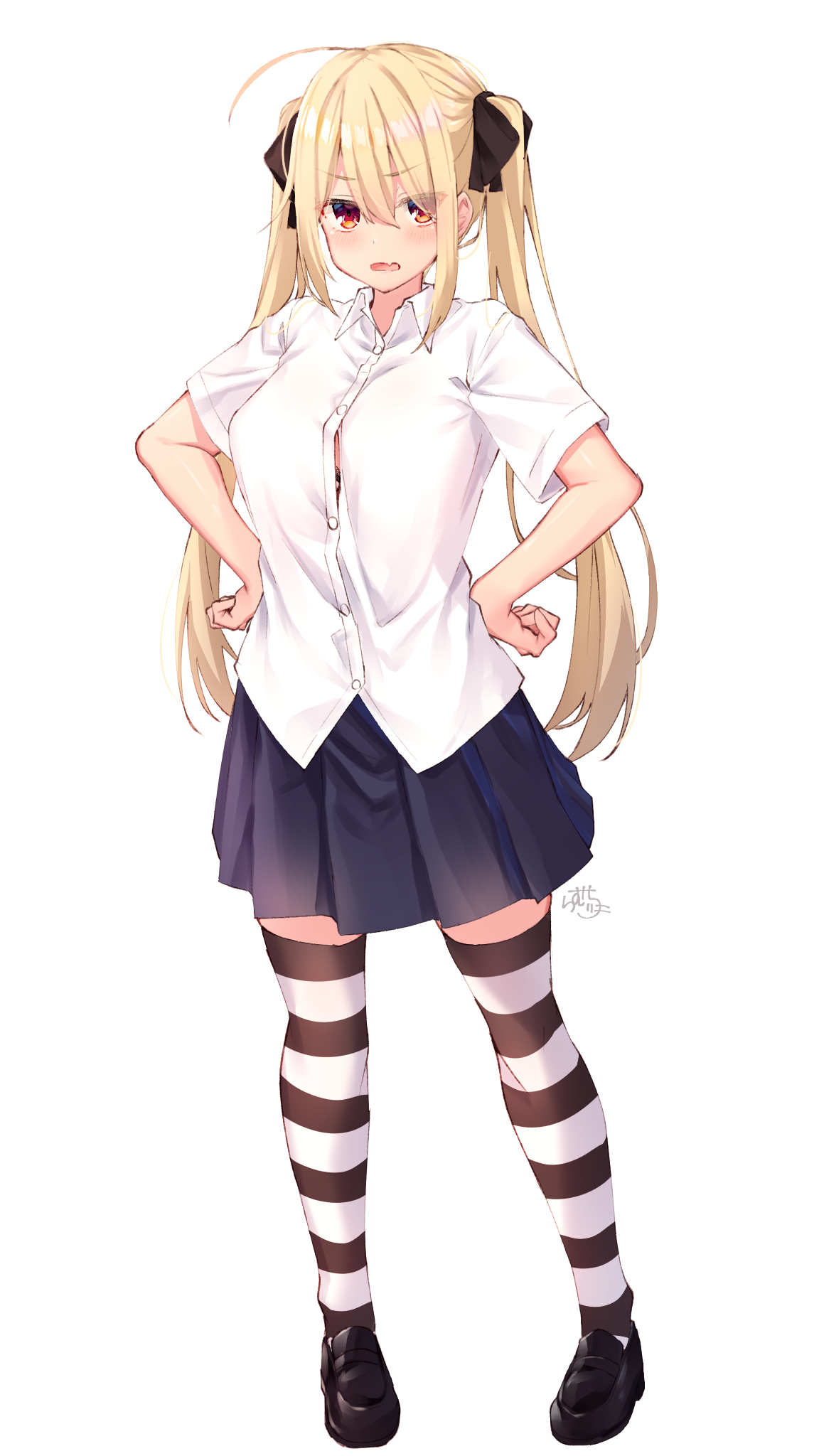Anime 1152x2048 anime anime girls digital art artwork 2D portrait display RamchiPixiv skirt thigh-highs blonde twintails brown eyes school uniform