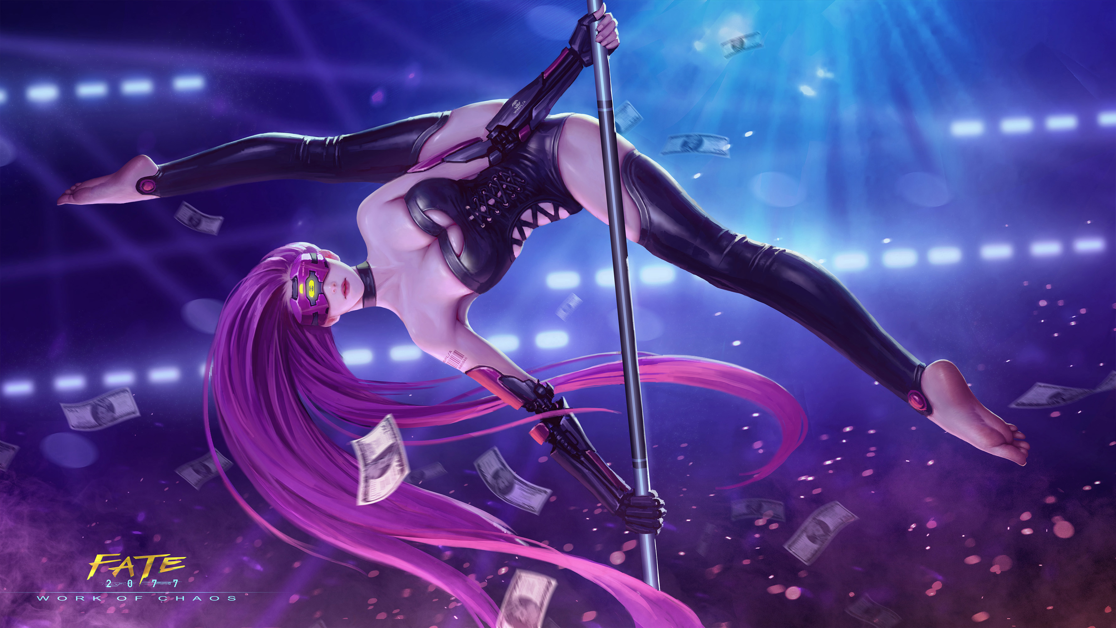 Anime 3555x2000 Fate series Fate/Stay Night fate/stay night: heaven's feel anime girls ass glutes big boobs long hair purple hair the gap blindfold barefoot armpits cyborg black thigh highs thighs cleavage ecchi 2D spread legs dancing poles black corset crossover parody money Rider (Fate/Stay Night) red lipstick curvy fan art feet ArtStation