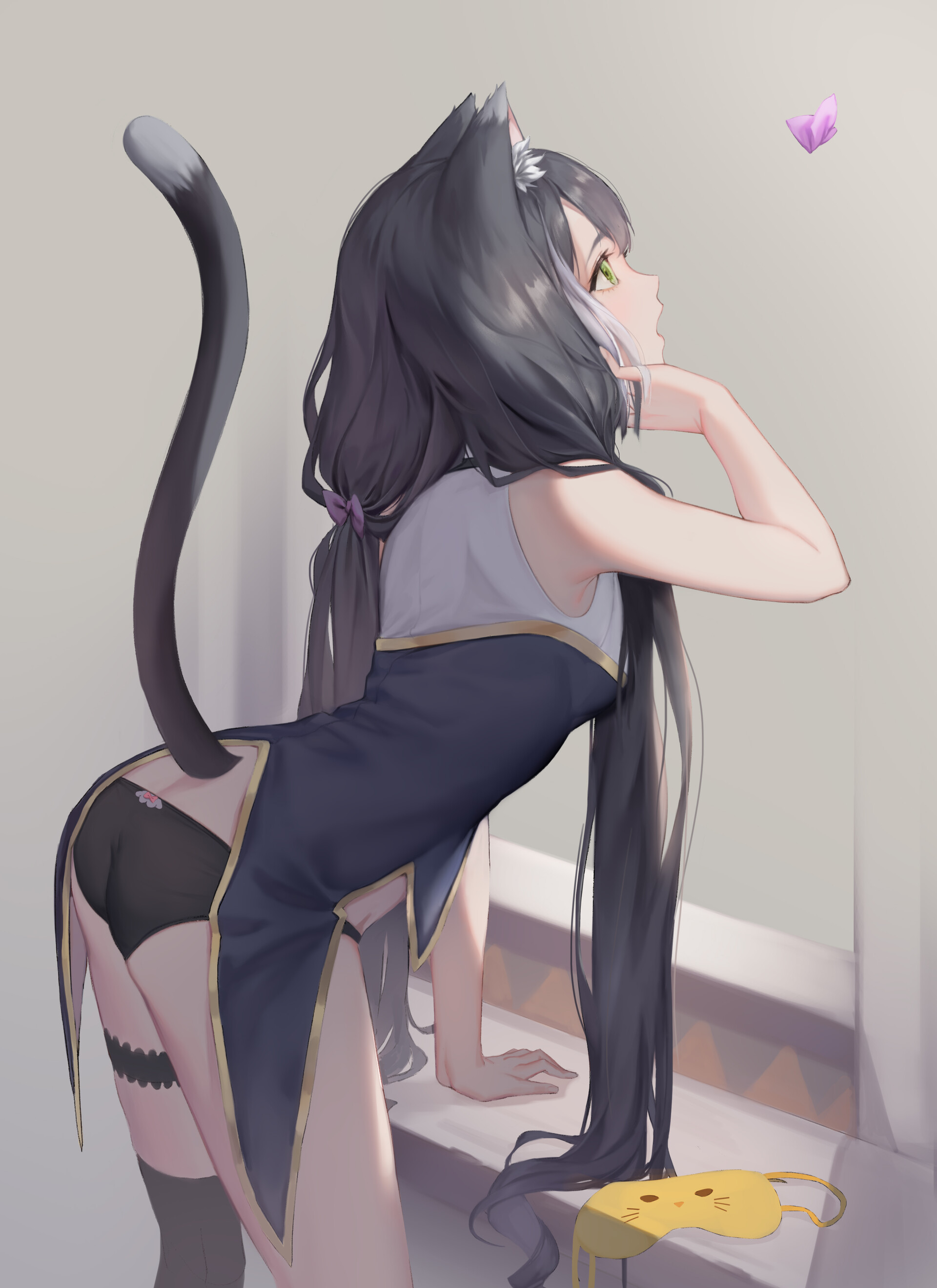 Anime 1920x2637 anime girls portrait display simple background anime Kyaru (Princess Connect) Princess Connect Re:Dive missing sock panties ass tail animal ears bent over cat girl dark hair green eyes