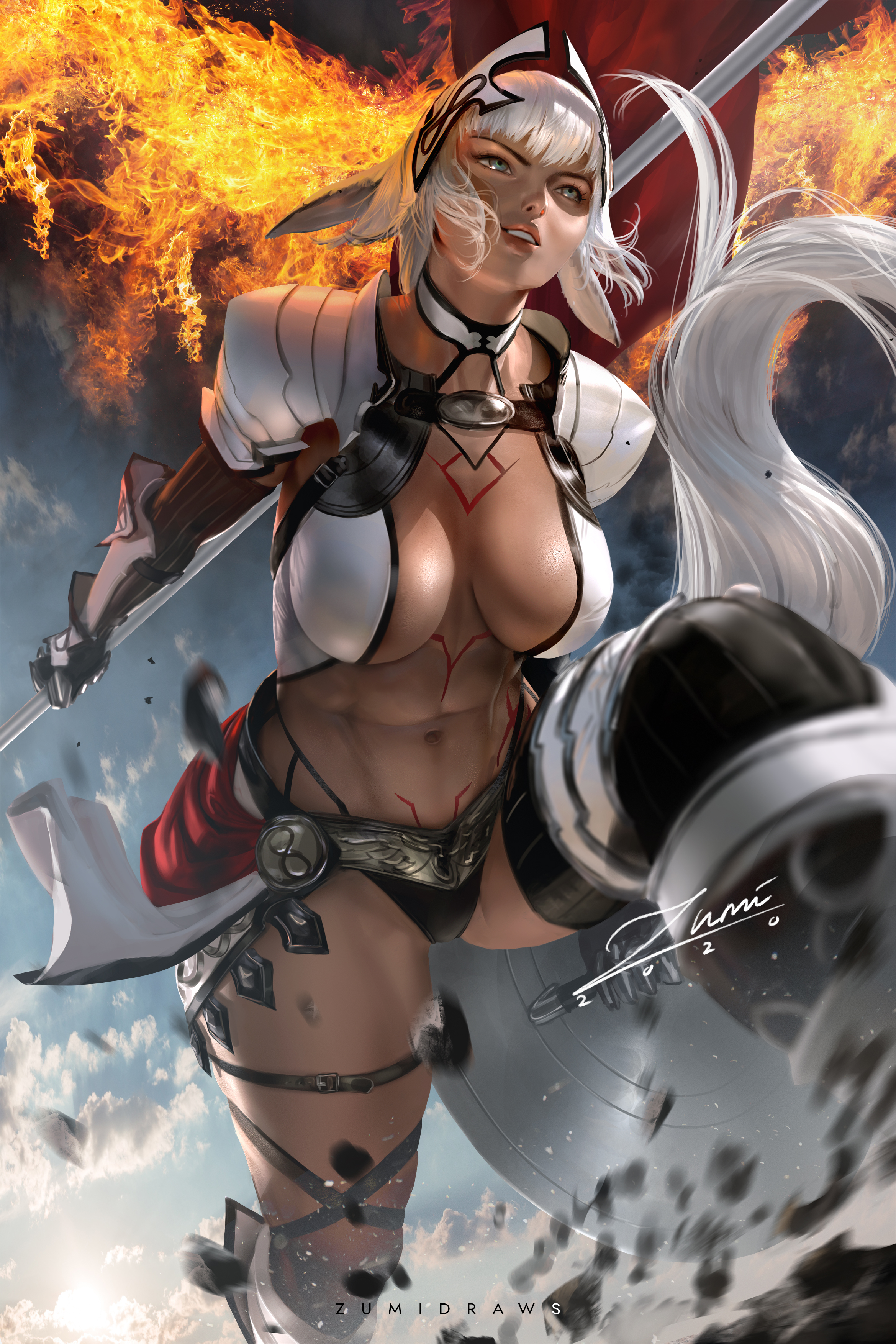 Anime 2339x3508 Caenis Fate/Grand Order Fate series anime anime girls silver hair bangs long hair animal ears fantasy girl skimpy clothes armor female warrior looking away smiling low-angle spear shield weapon straps thigh strap cleavage belly arm warmers bokeh fire fantasy art women portrait display 2D illustration drawing artwork digital art fan art Zumi