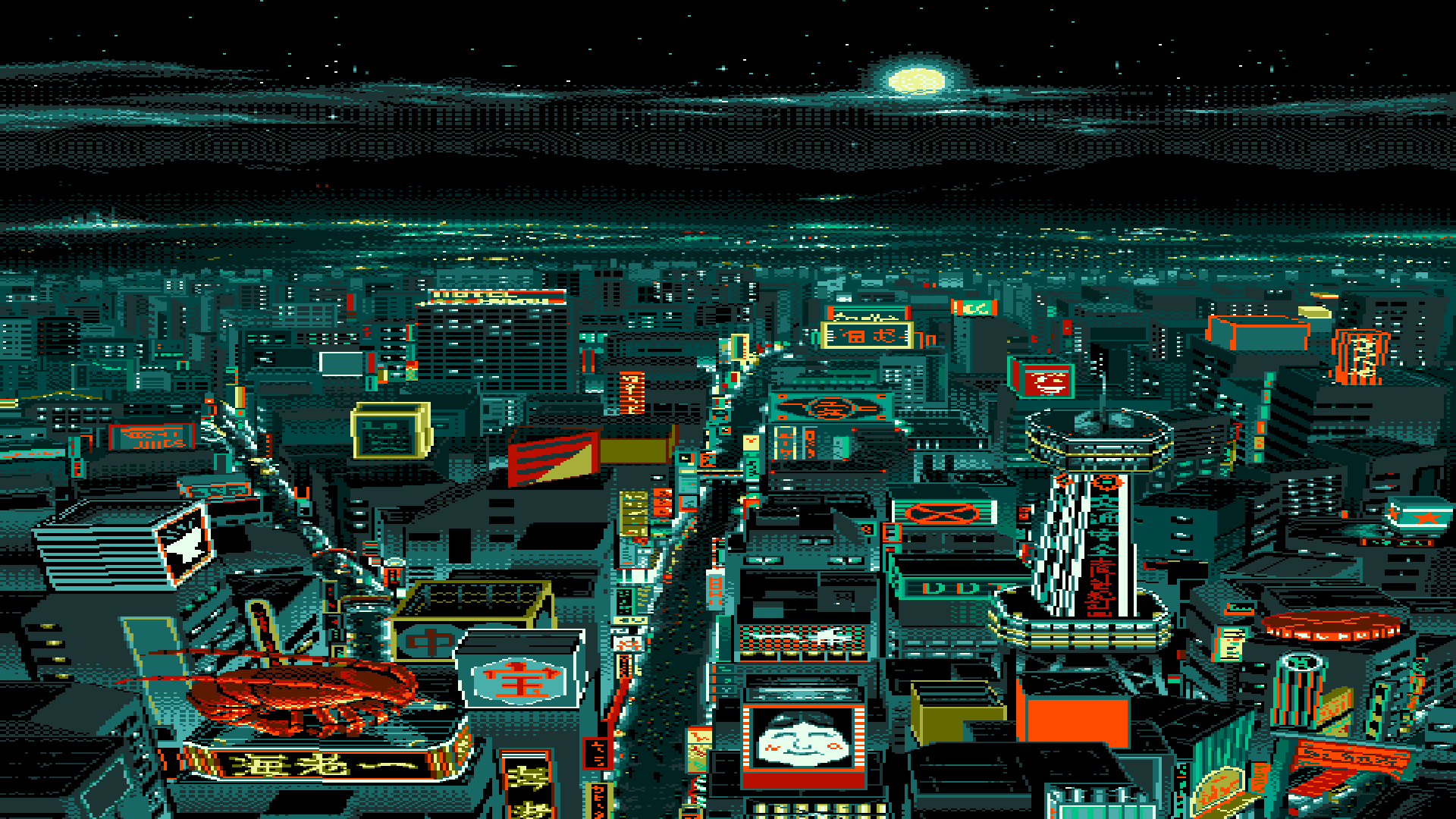 General 1920x1080 pixel art digital art pixelated pixels night stars Moon building cityscape lobsters