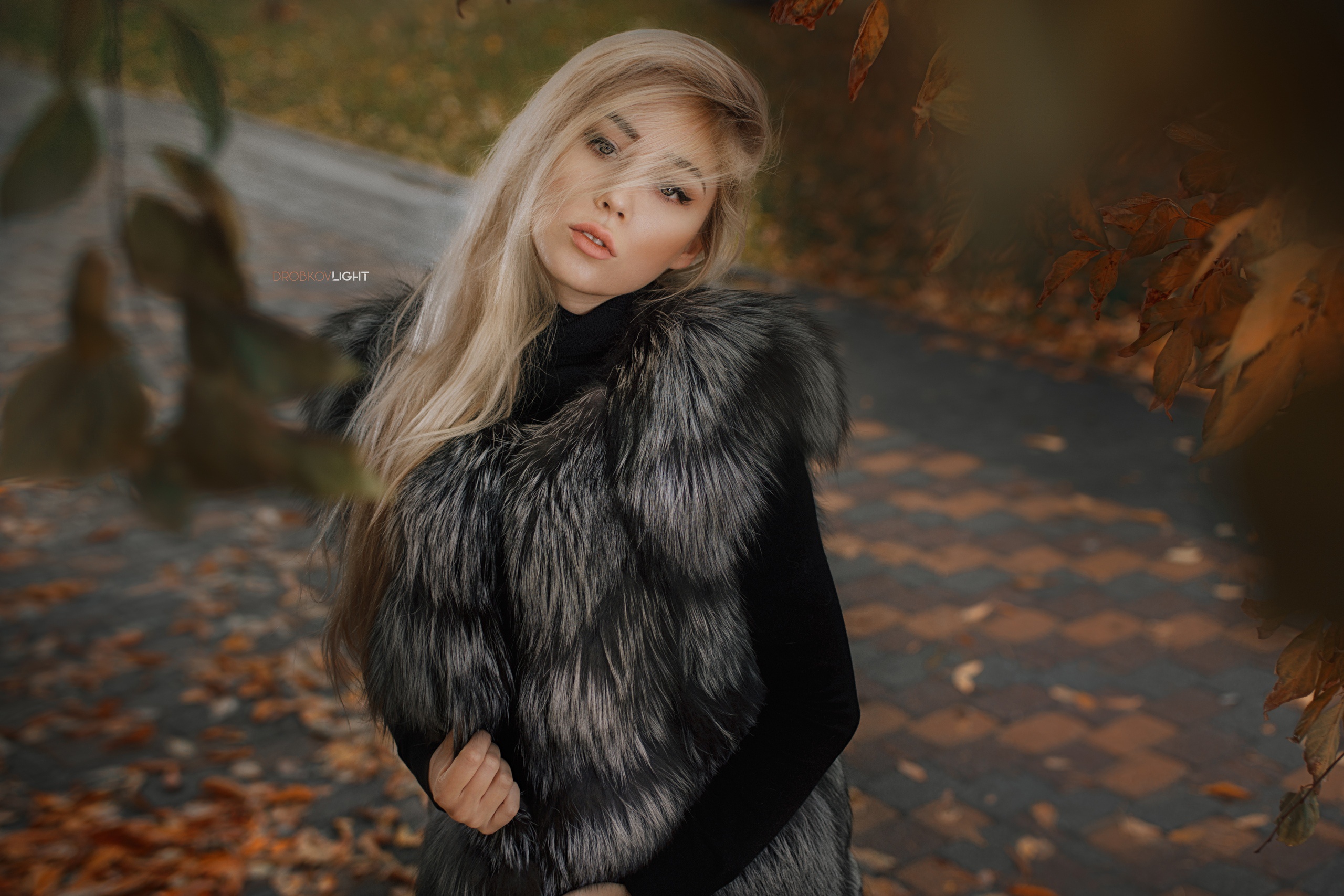People 2560x1707 women outdoors blonde women model Alexander Drobkov portrait fur fur coats hair in face open mouth long hair