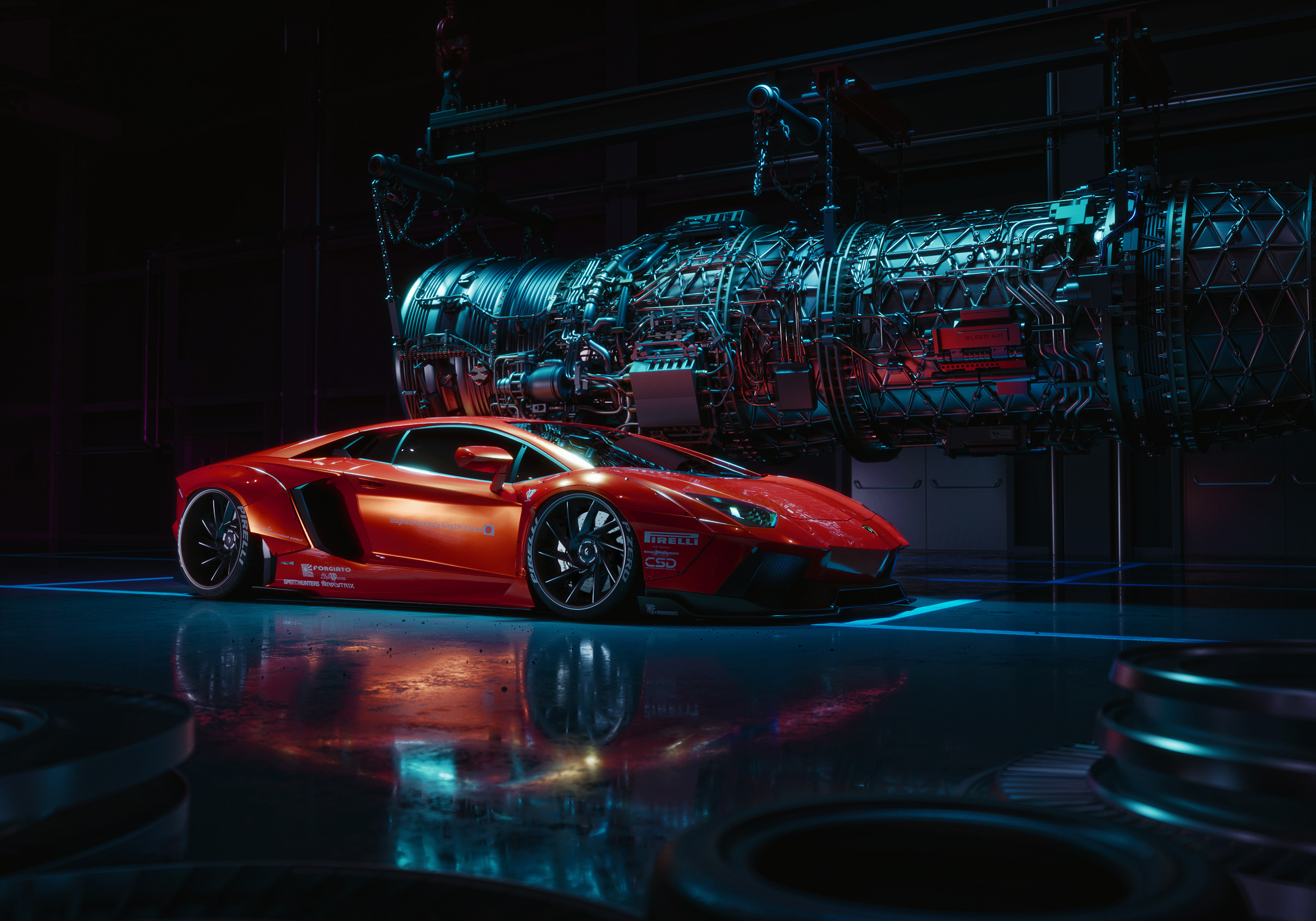 General 2500x1750 Lamborghini Lamborghini Aventador car red cars reflection dark CGI digital art artwork vehicle turbines frontal view Pirelli supercars
