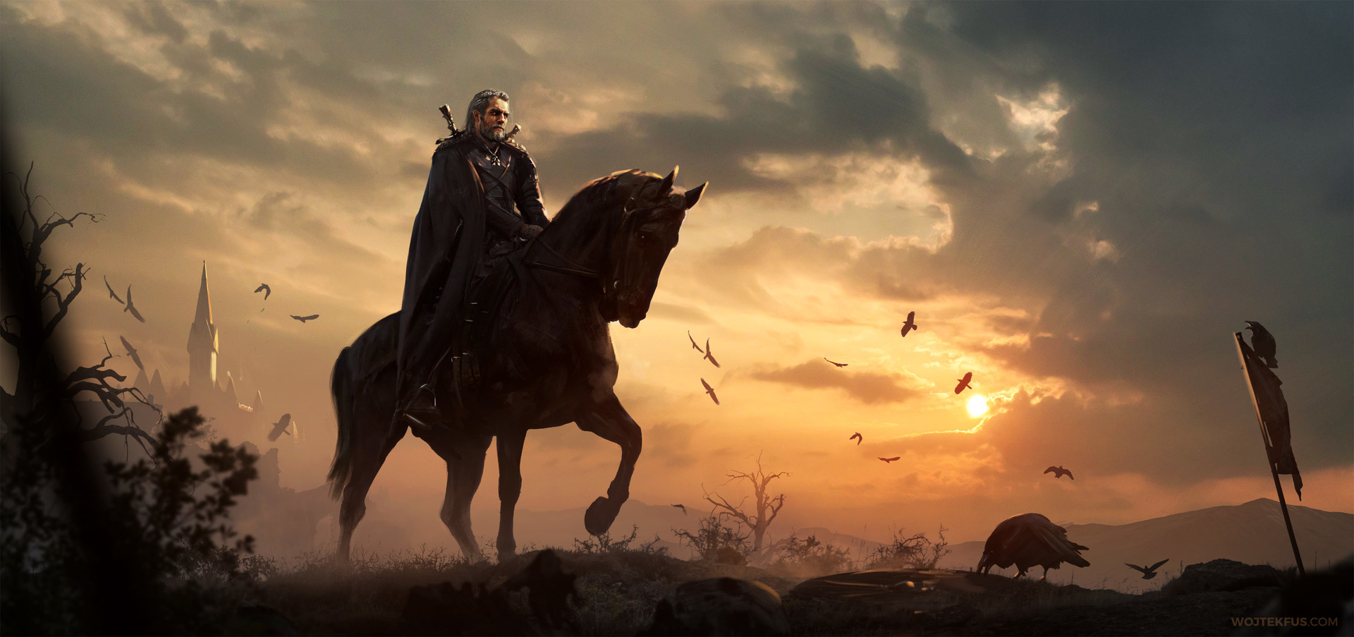General 1920x903 digital art artwork video games The Witcher Geralt of Rivia The Witcher 3: Wild Hunt horse Roach