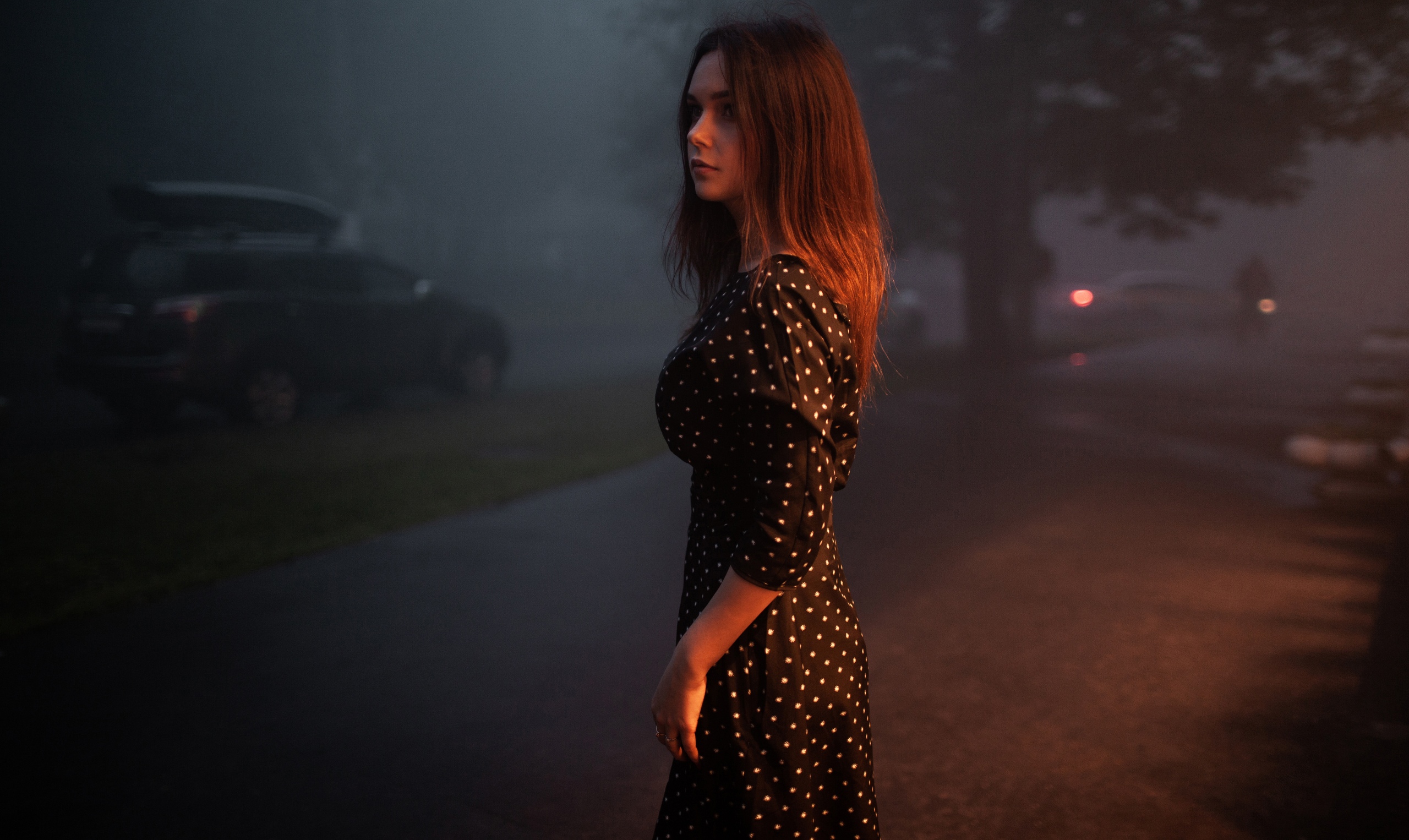 People 2560x1526 women model brunette portrait outdoors mist looking at viewer dress black dress depth of field street women outdoors Andrey Frolov Tatiana Vanyasheva low light
