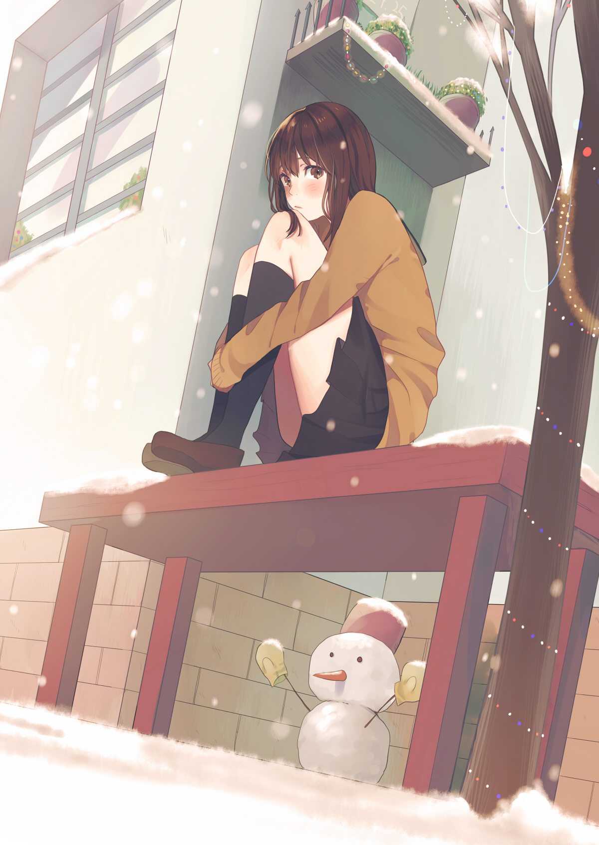 Anime 1200x1694 anime anime girls sitting snow miniskirt brunette
