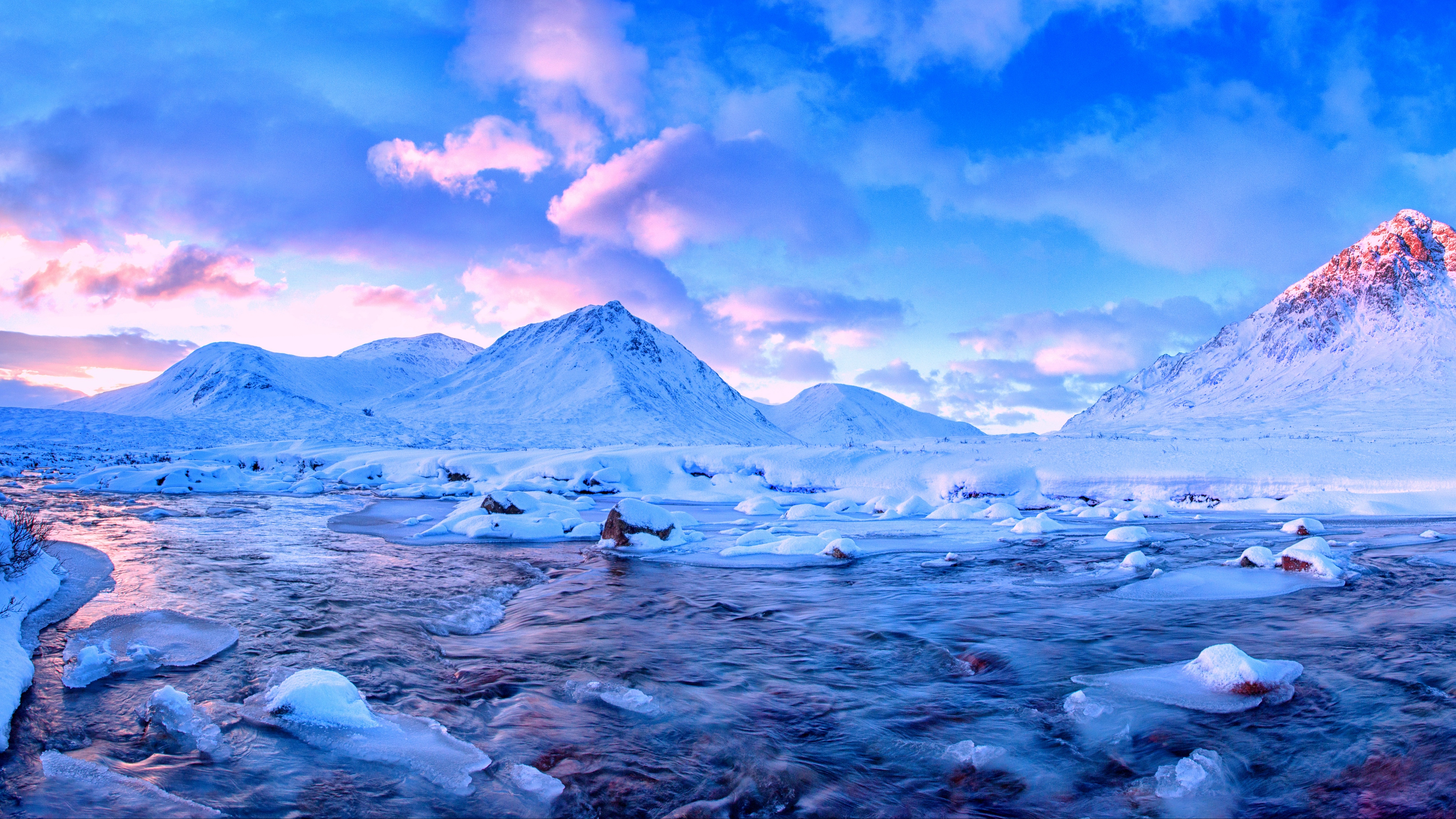 General 3840x2160 snow mountains clouds ice river water sunlight sunset nordic landscapes landscape