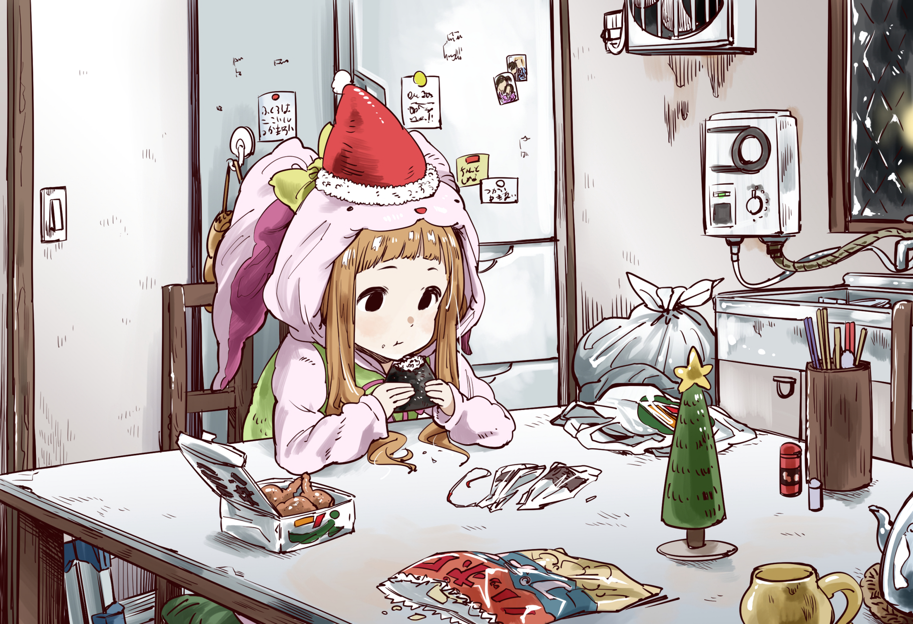 Anime 1828x1250 THE iDOLM@STER THE iDOLM@STER: Cinderella Girls anime girls Christmas food anime girls eating anime Santa hats
