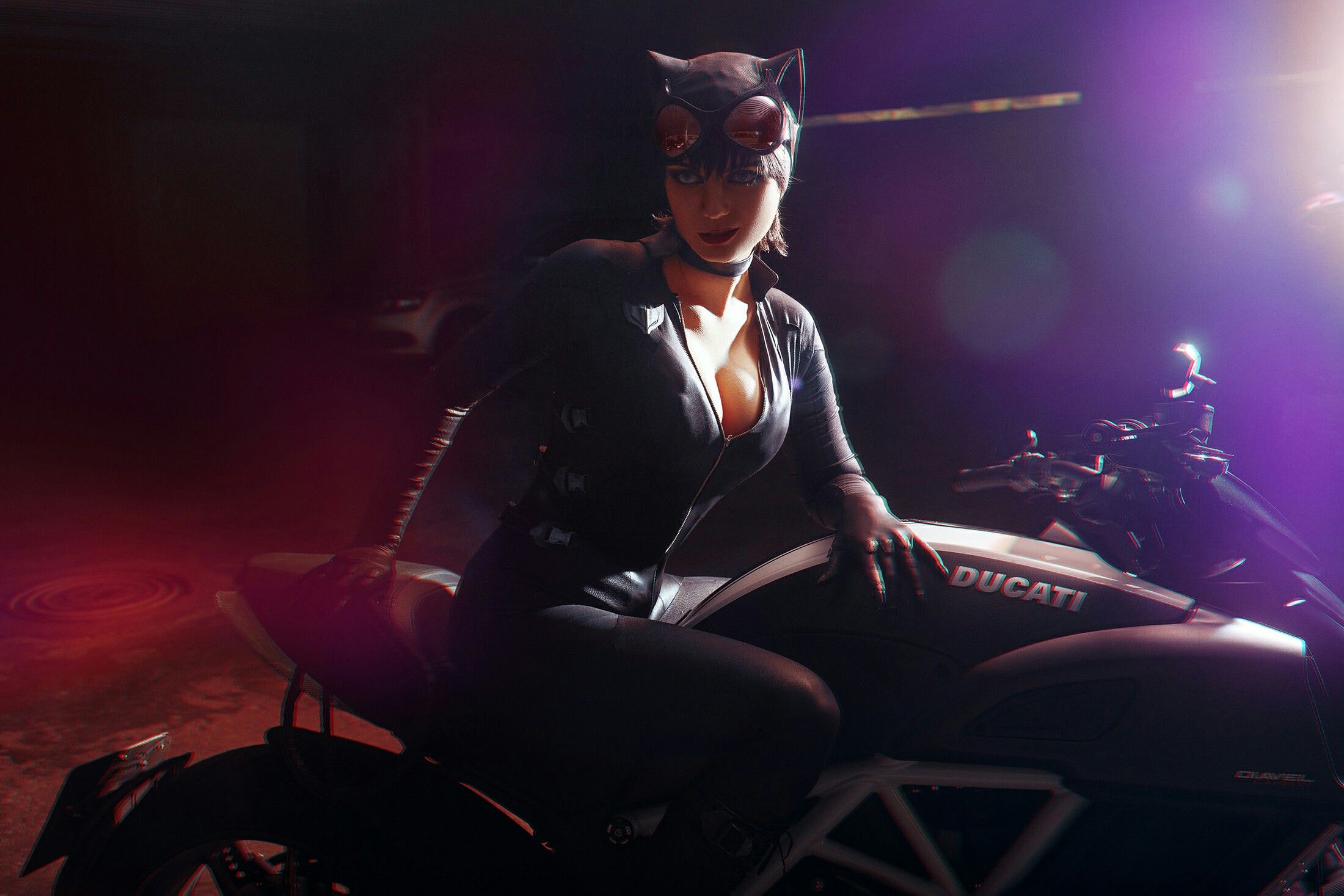 People 2200x1467 women Catwoman black suit motorcycle