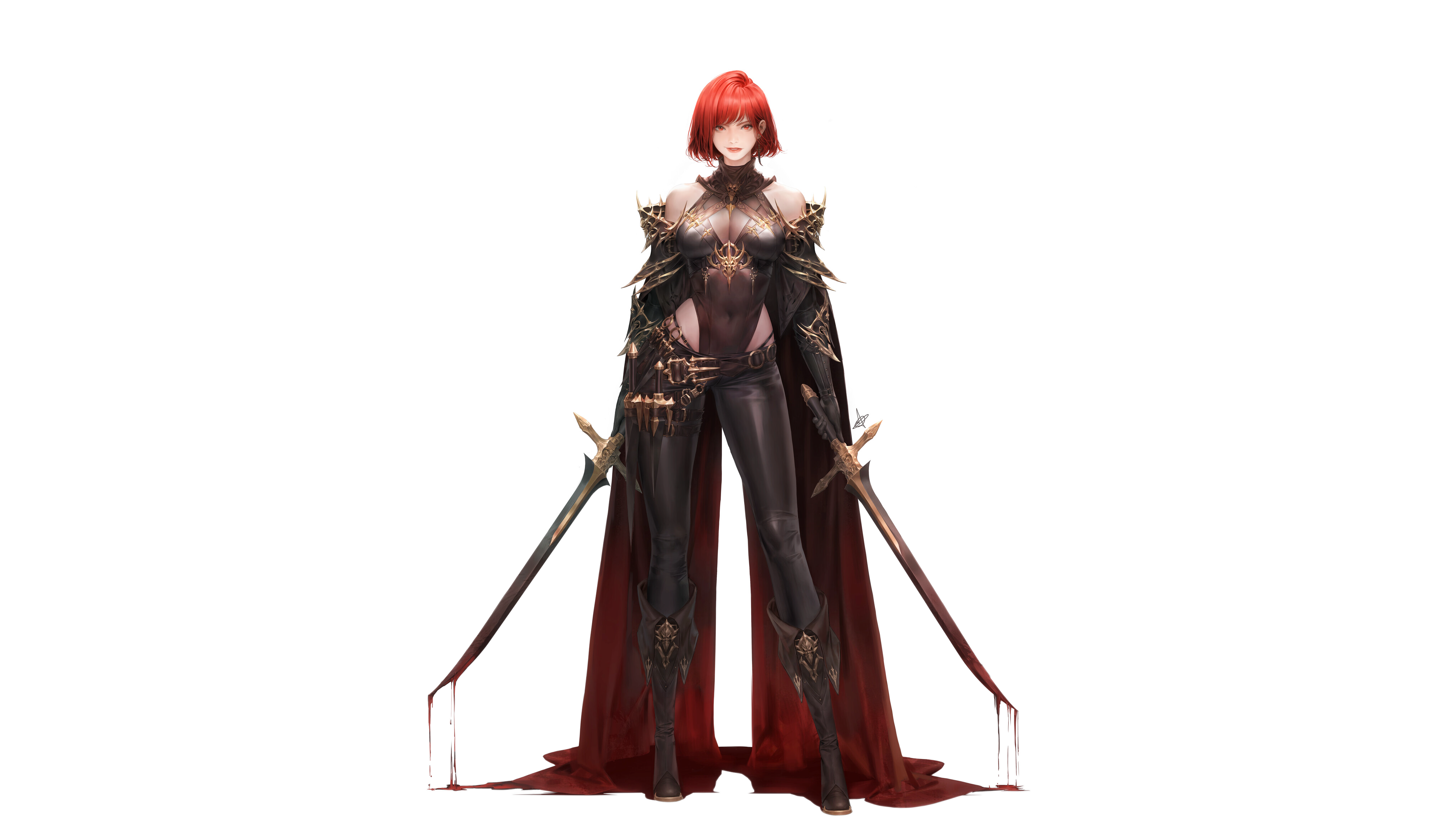 General 4068x2288 video games video game characters video game art armor blood leotard short hair redhead red eyes original characters women with swords sword standing smiling white background cleavage