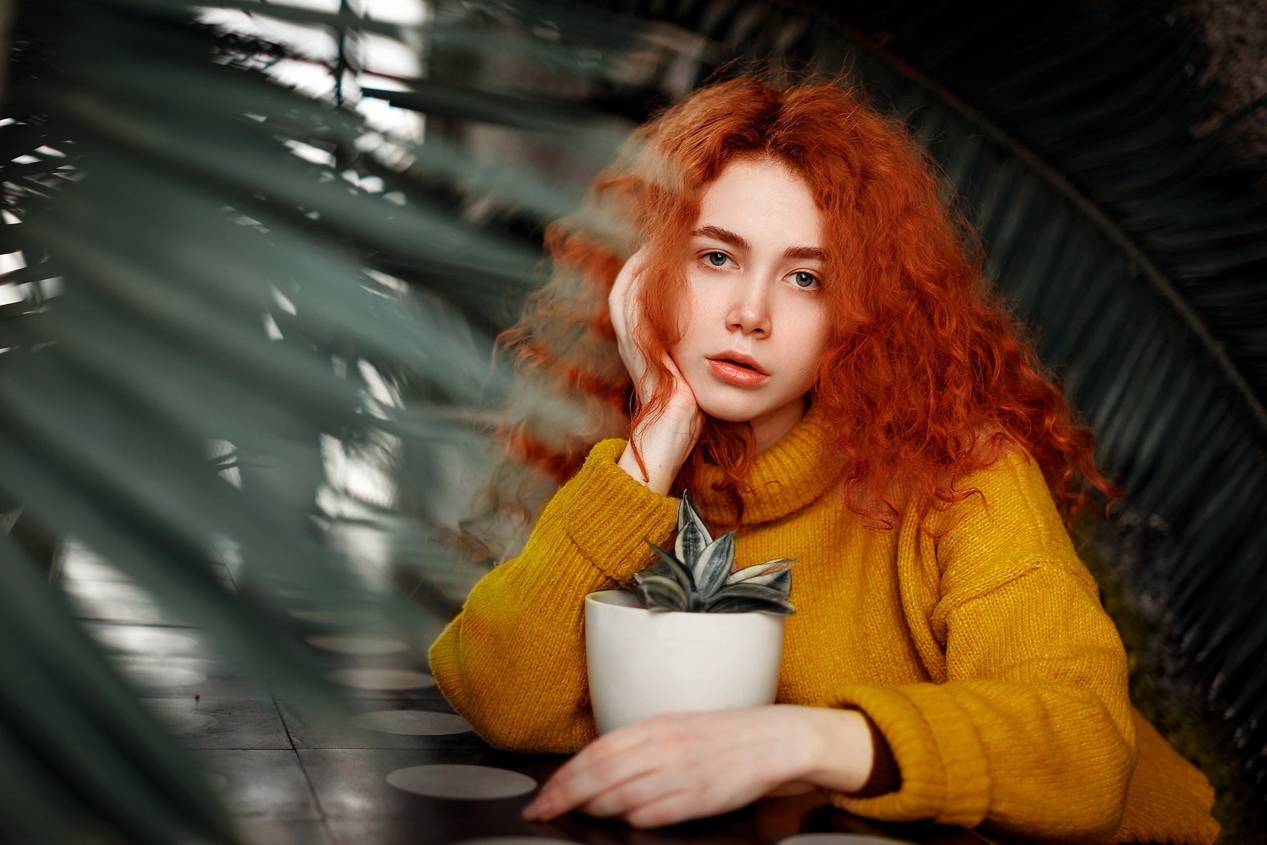 People 2560x1709 women model redhead long hair curly hair looking at viewer portrait sweater yellow sweater Juliana Naidenova closeup