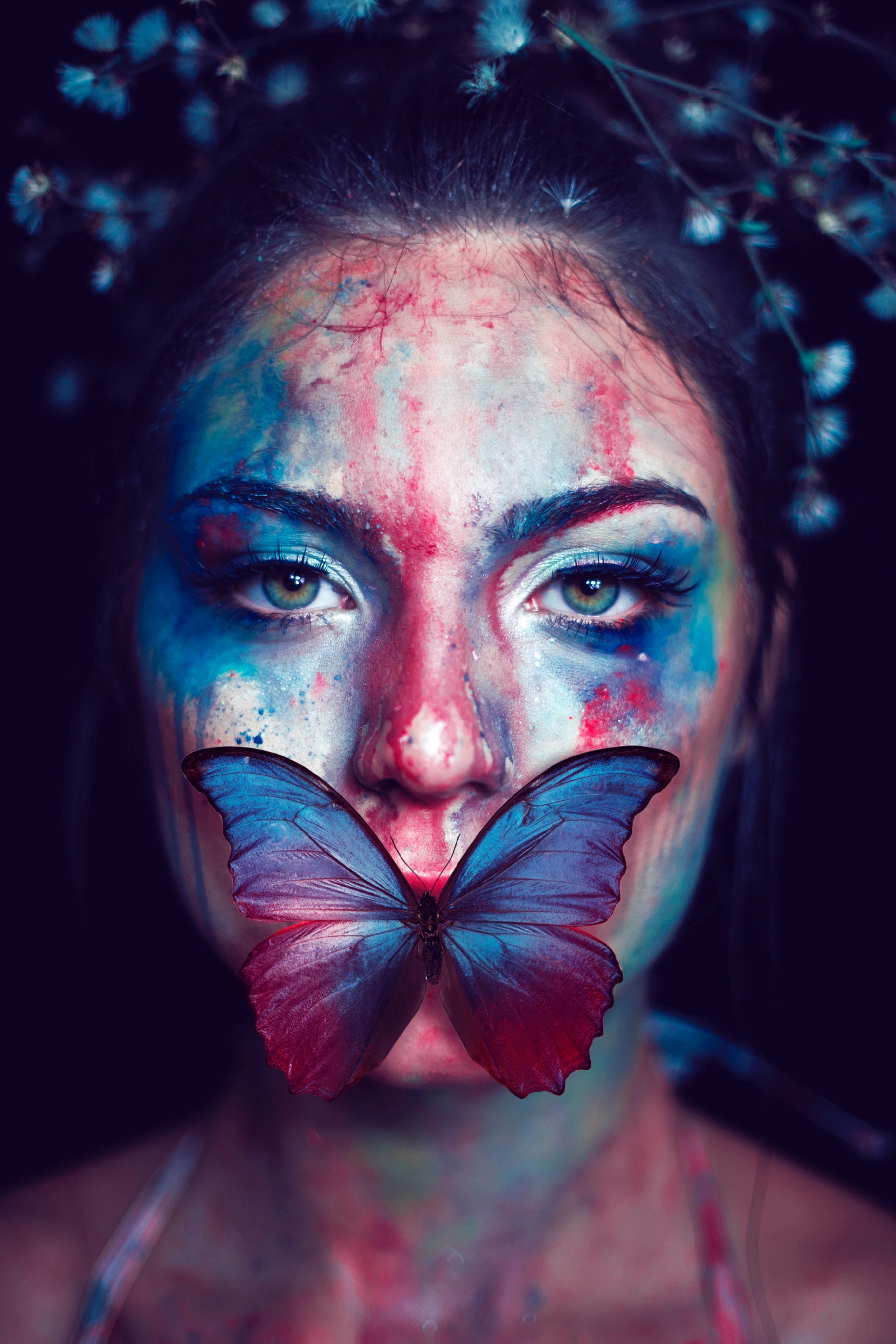 People 2736x4104 women portrait butterfly colorful face paint portrait display closeup