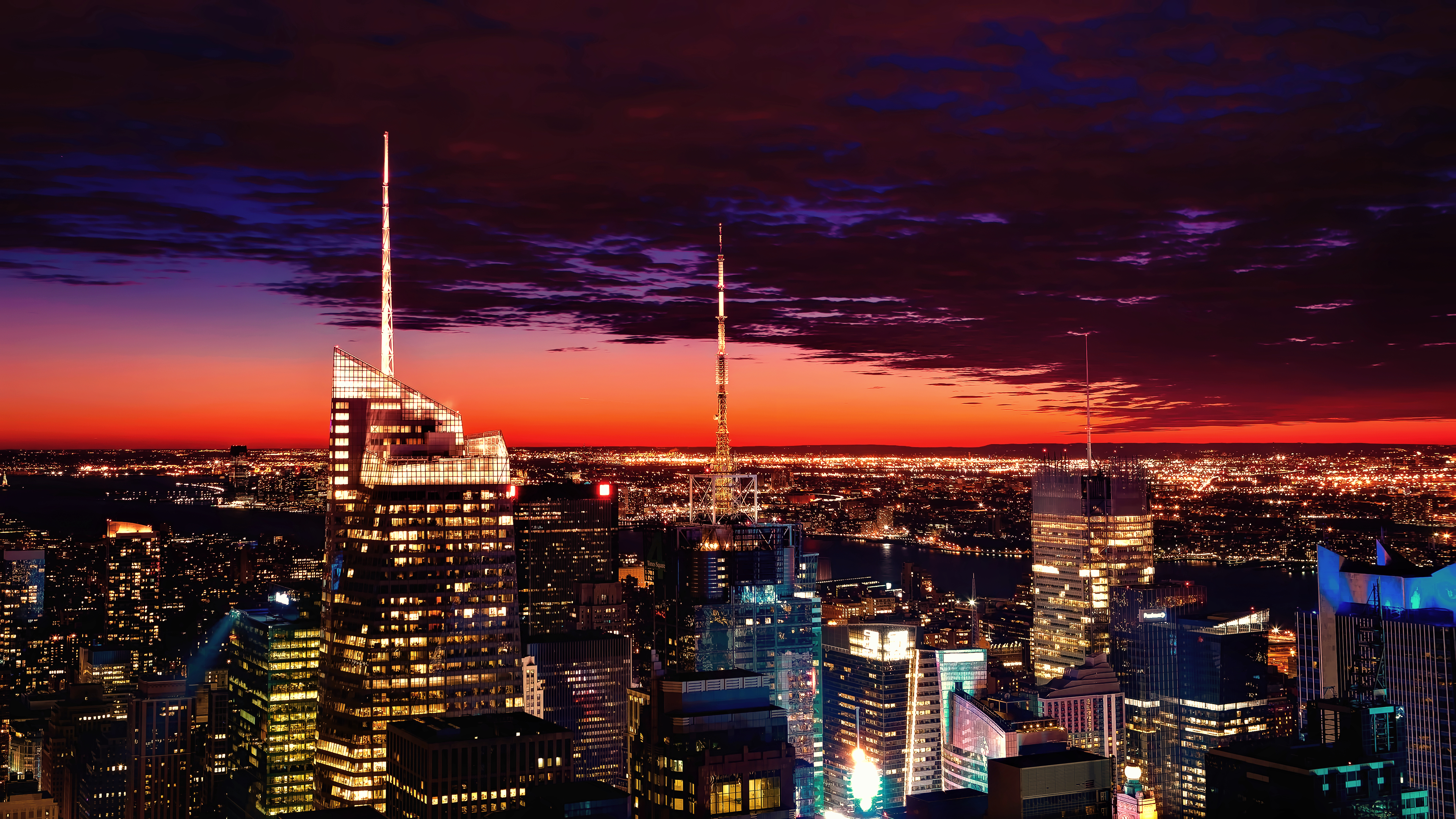 General 3840x2160 cityscape sunset landscape clouds city lights New York City Manhattan city lights orange sky dusk low light USA