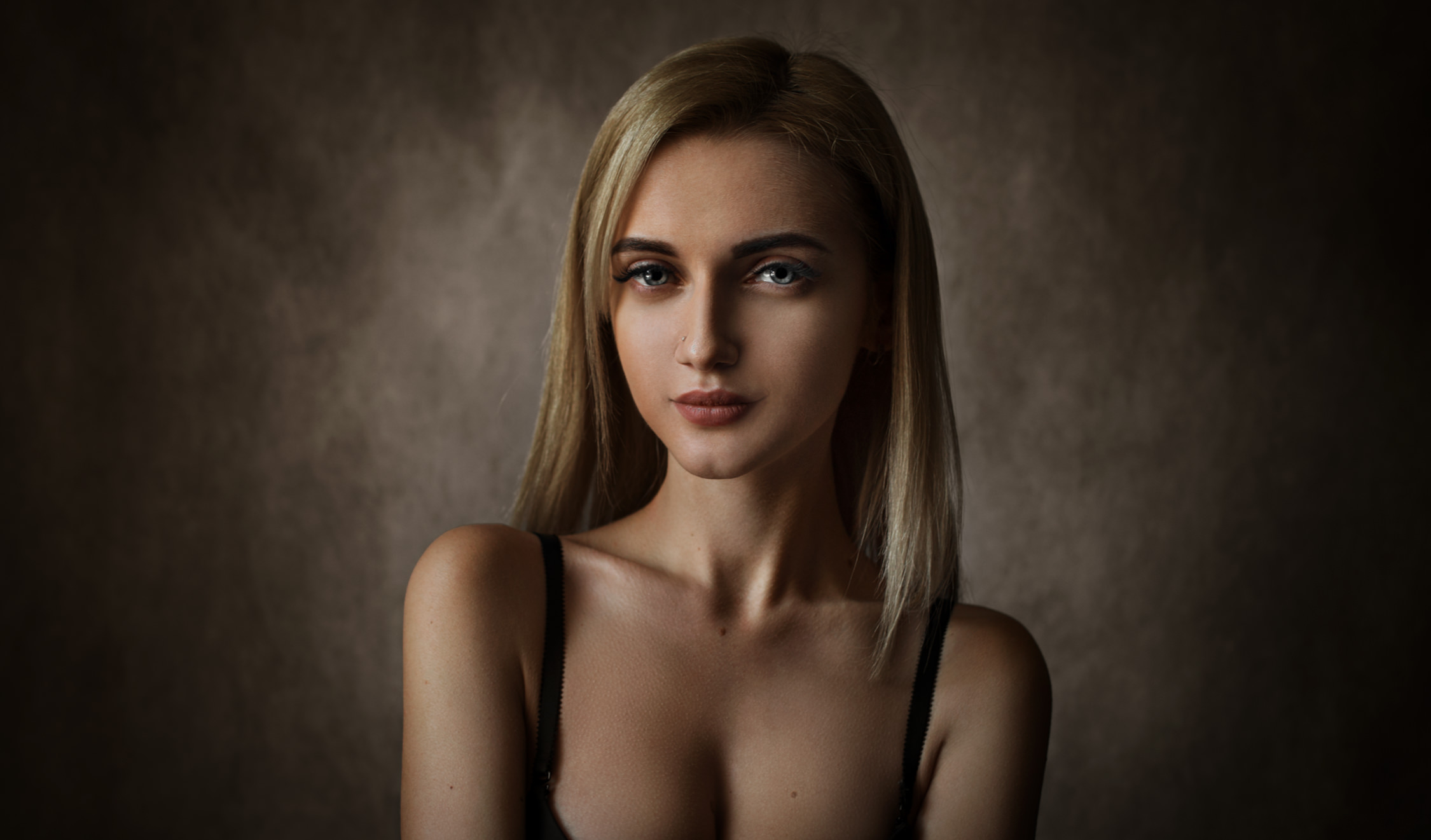 People 2250x1321 women blonde portrait pierced nose gray eyes bare shoulders simple background Ilya Baranov long hair