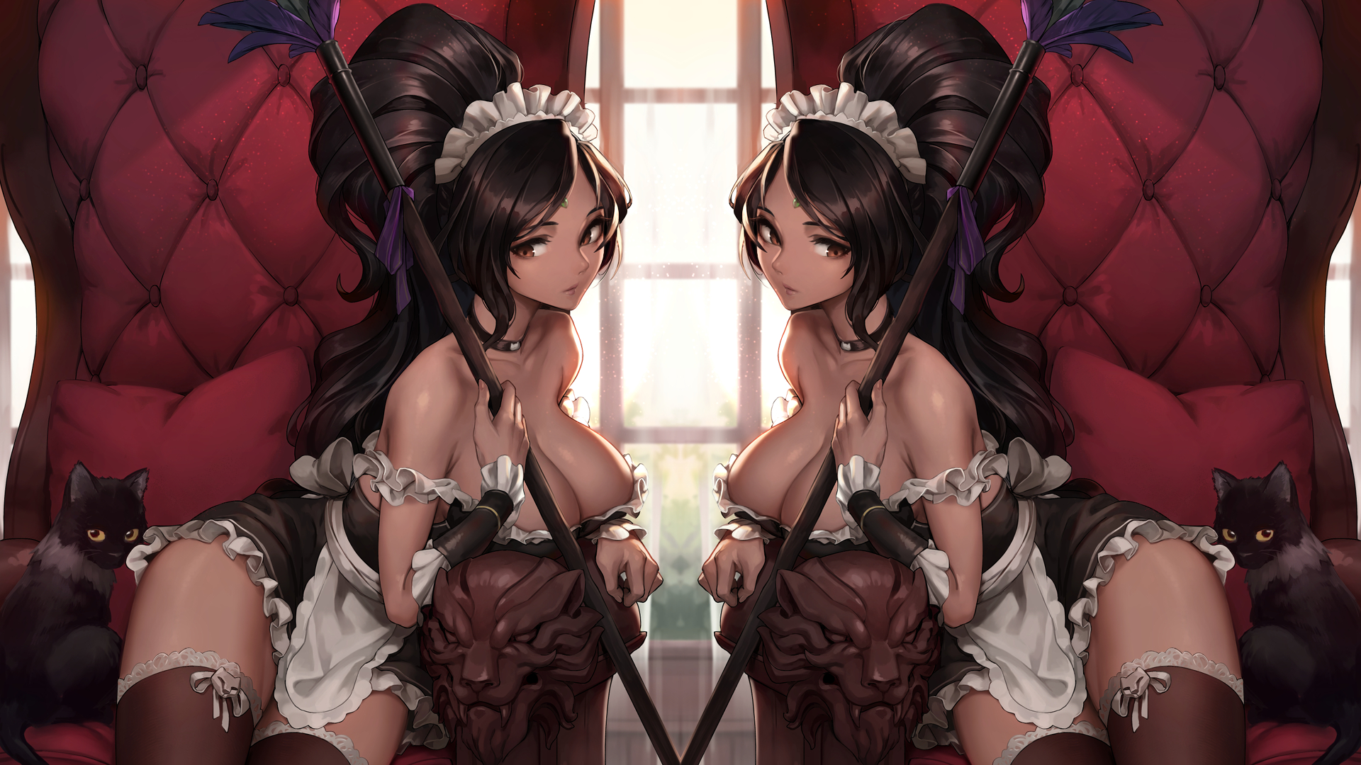 General 1920x1080 big boobs Nidalee (League of Legends) cleavage League of Legends maid outfit brunette