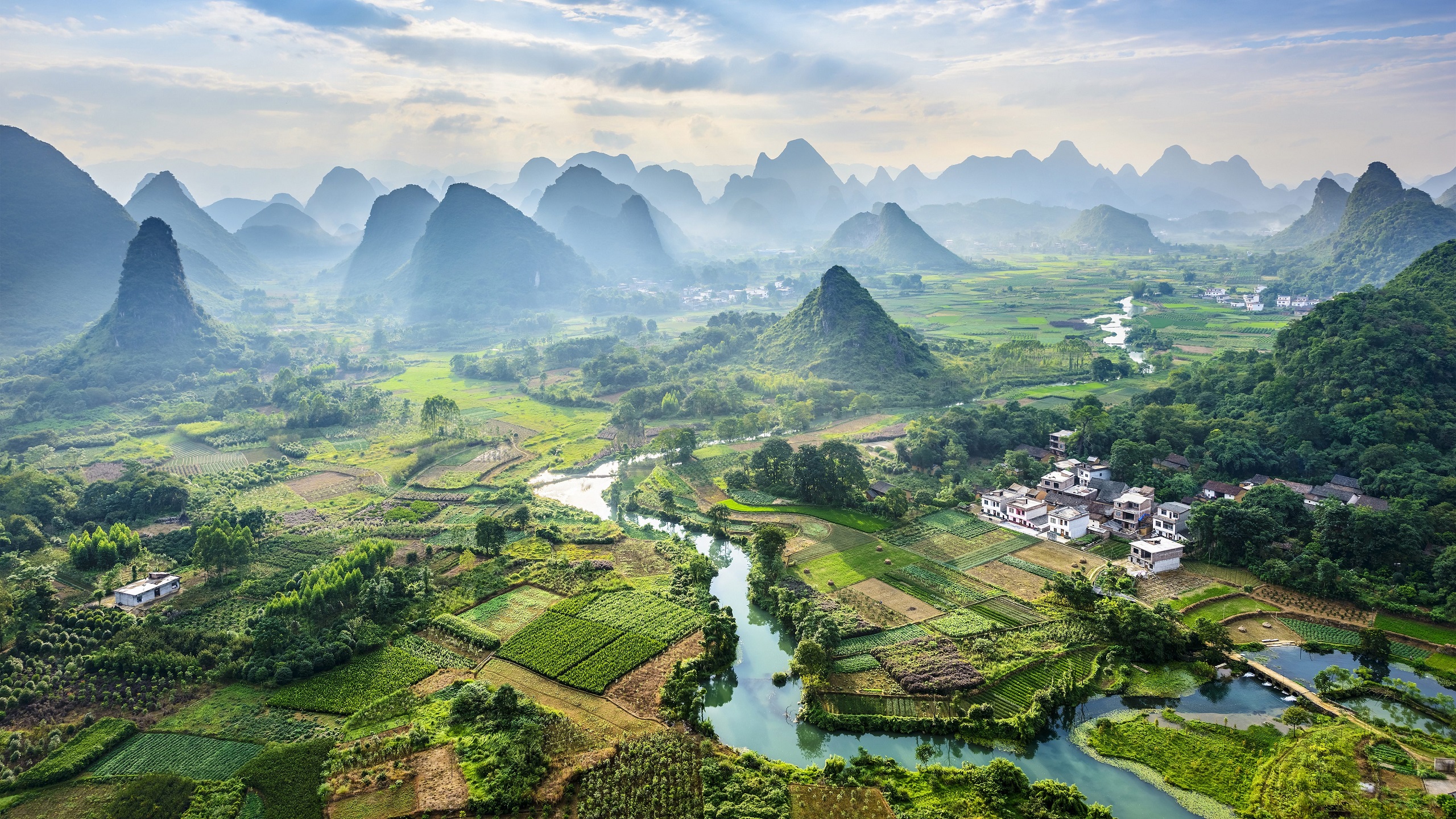 General 2560x1440 landscape nature China village Asia hills river field aerial view Guilin