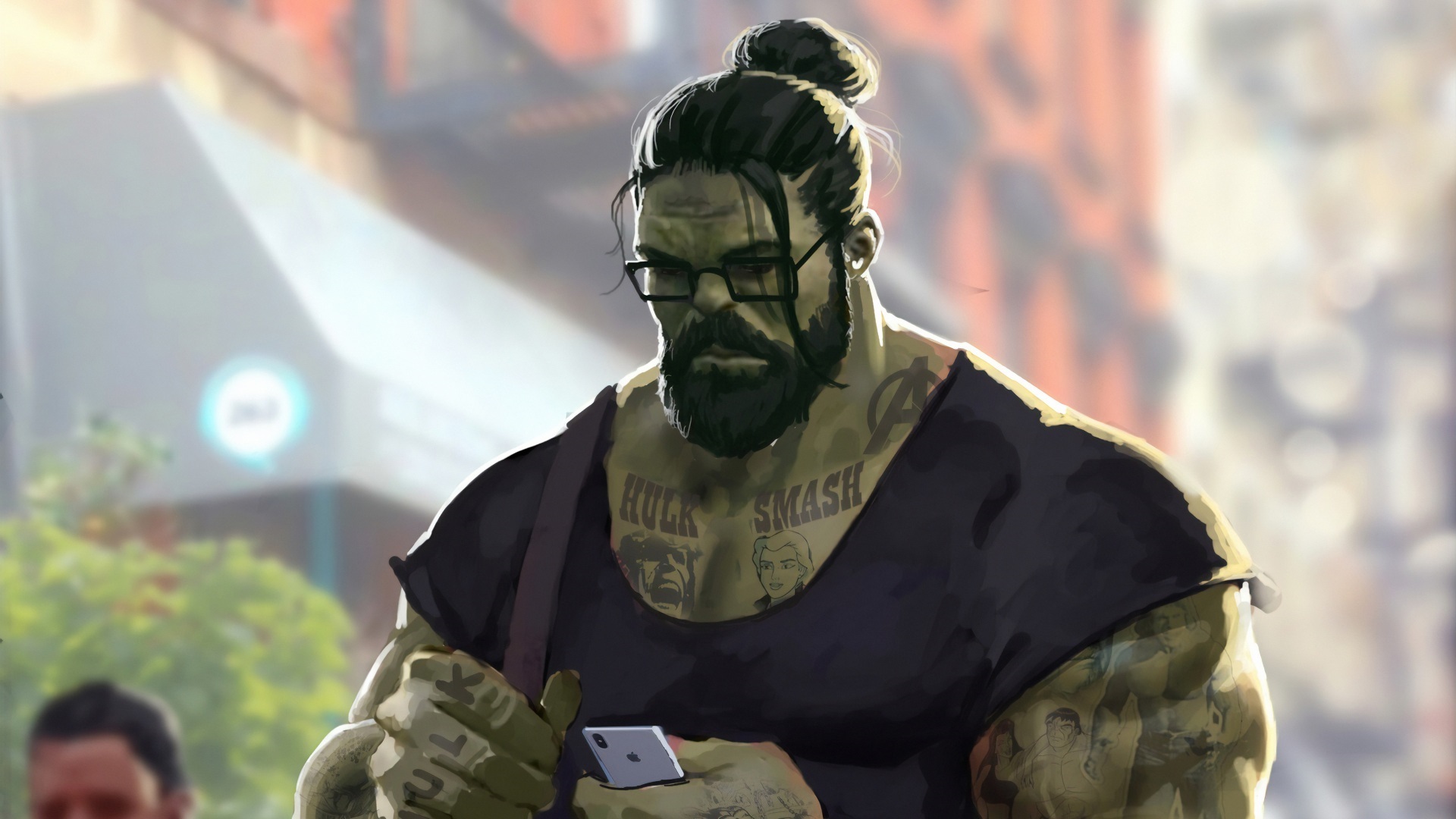 General 1920x1080 Hulk Marvel Comics hairbun glasses tattoo smartphone Apple Inc. iPhone beard The Avengers