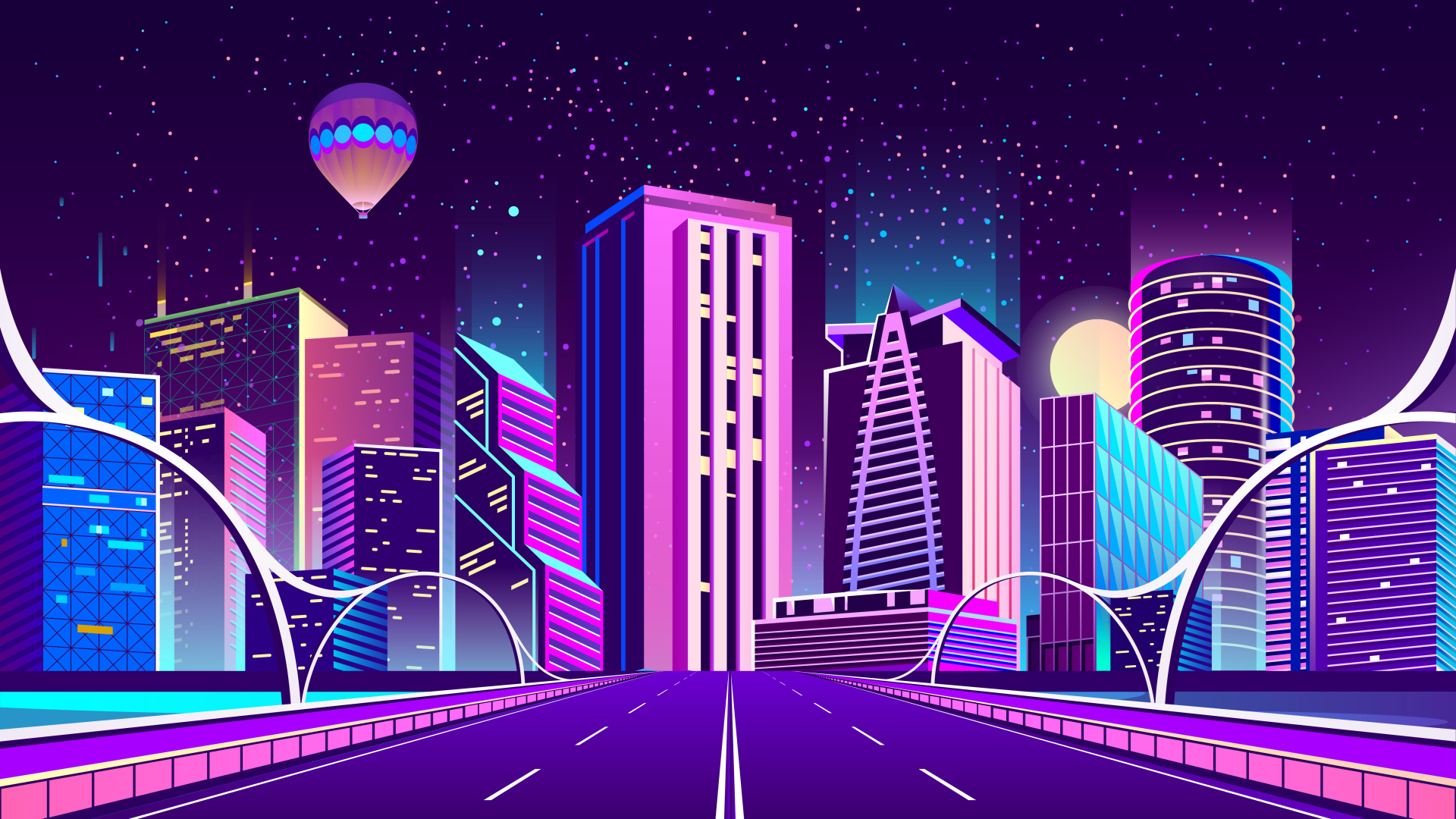 General 1920x1080 artwork neon building road hot air balloons retro style