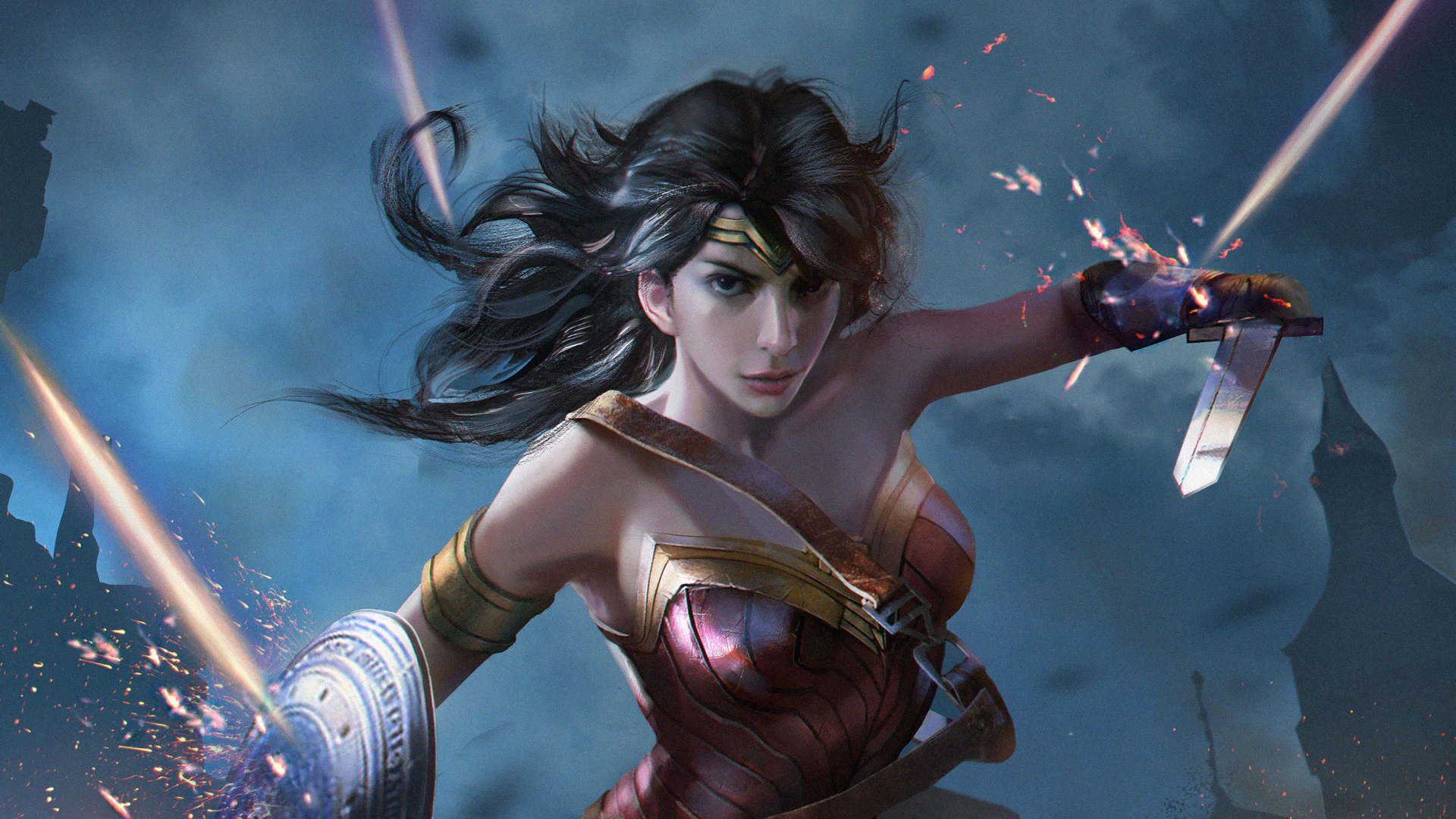 General 1920x1080 artwork digital art Wonder Woman DC Comics women brunette long hair shield sword