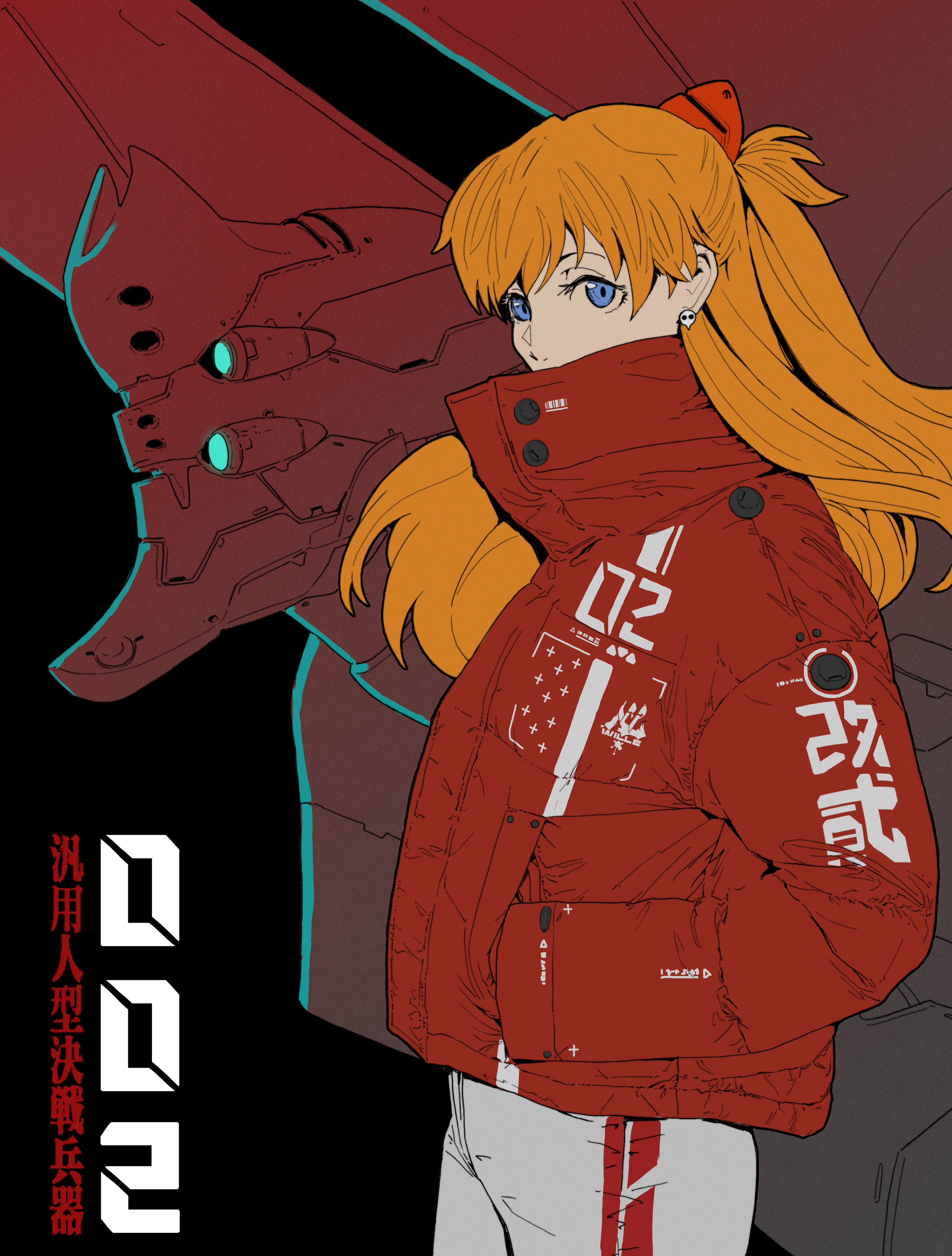 Anime 2945x3886 Neon Genesis Evangelion red jackets mechs twintails long hair redhead anime girls 2D anime Asuka Langley Soryu EVA Unit 02 simple background fan art looking at viewer blue eyes Ching Yeh white jeans alternate costume