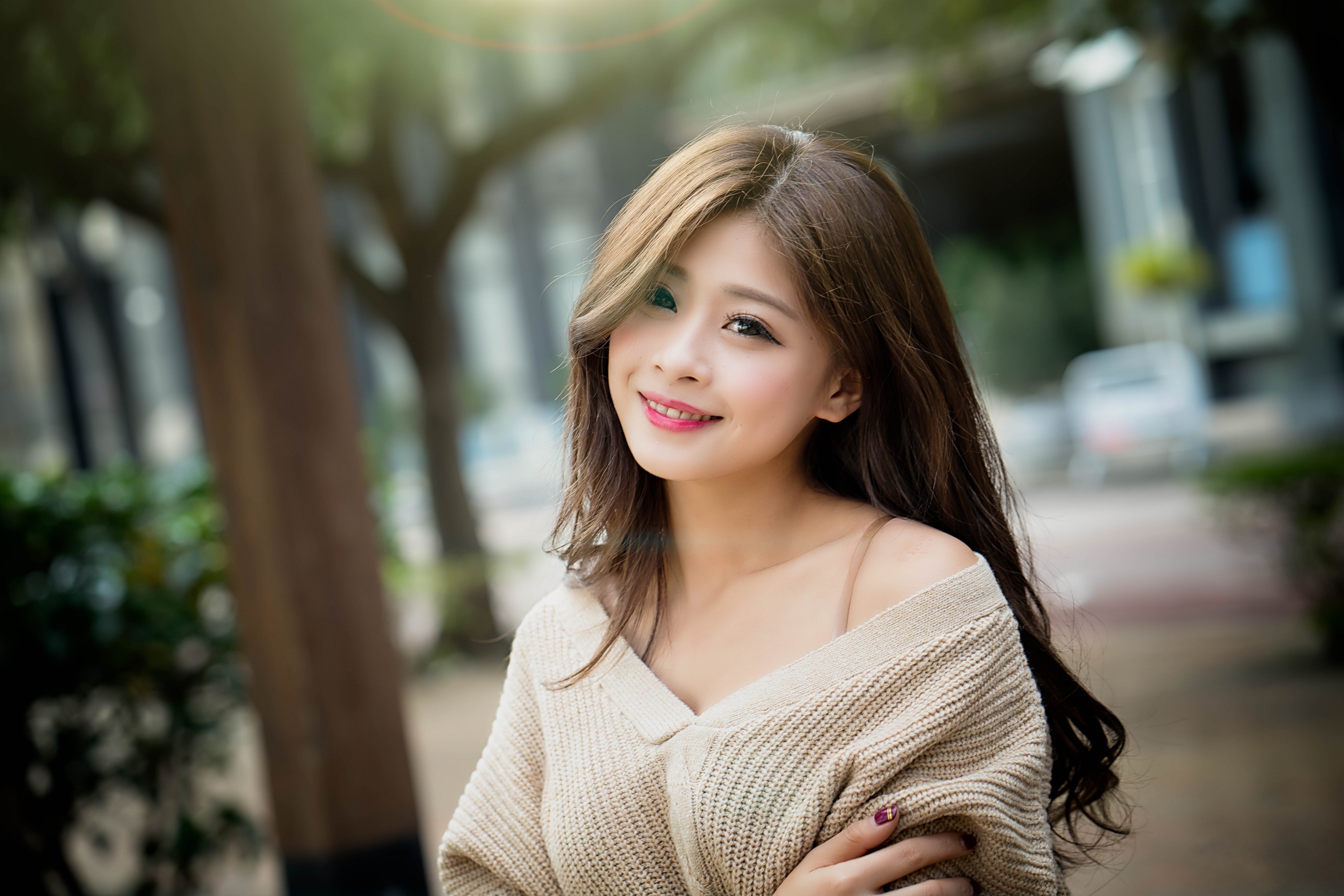 People 4000x2668 Asian model women long hair brunette pullover trees bushes depth of field painted nails bra straps looking at viewer sweater